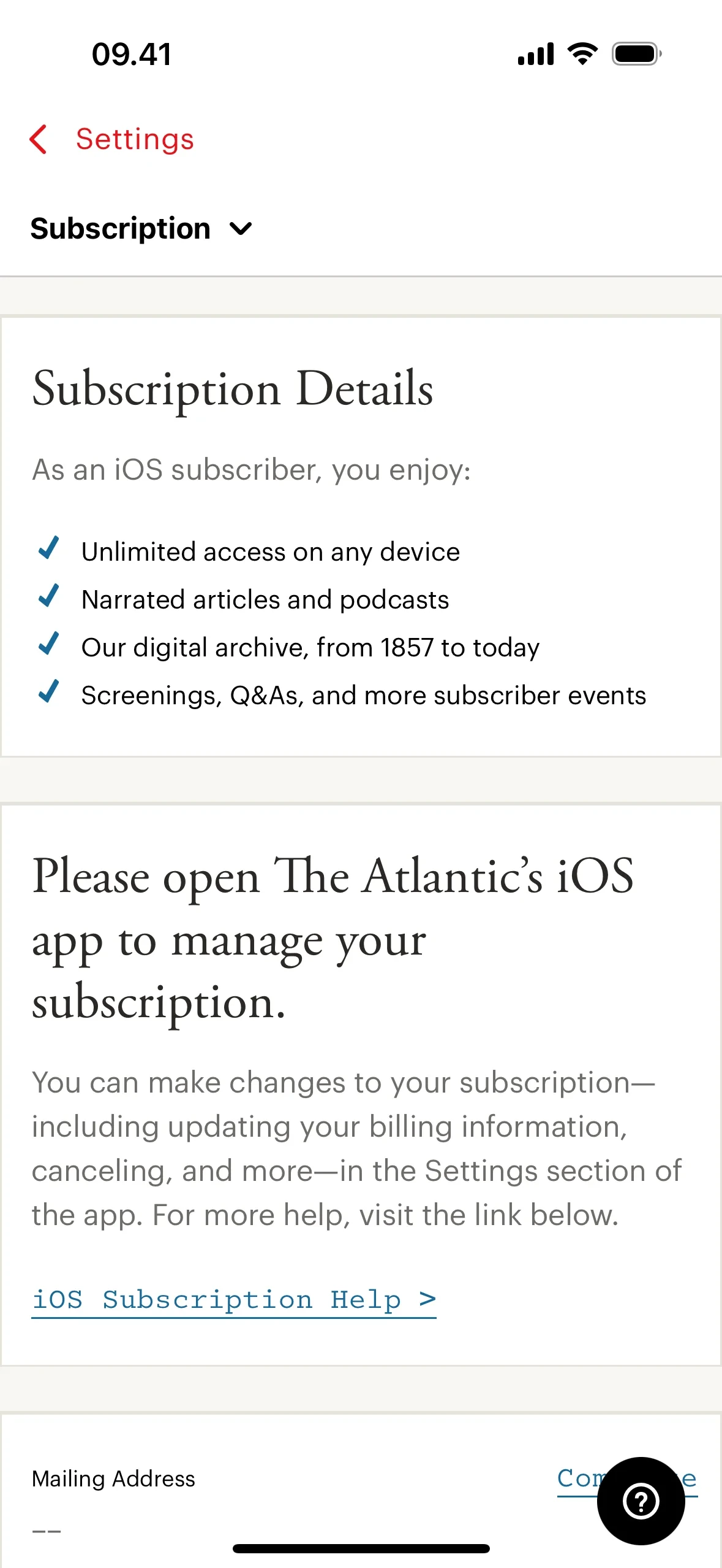 Atlantic Subscription Details for an iOS subscriber listing Digital benefits with checkmarks and the headline Please open The Atlantic’s iOS app to manage your subscription, plus a blue iOS Subscription Help link