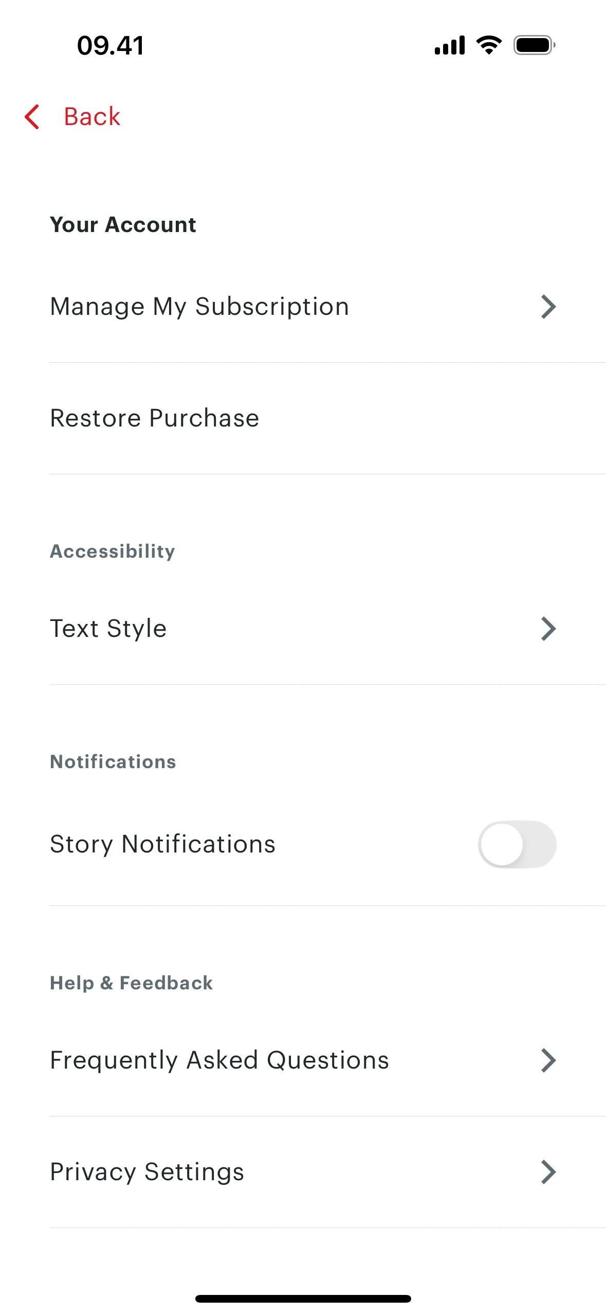 Atlantic iOS app Settings screen with Your Account section showing Manage My Subscription and Restore Purchase, plus Accessibility and Notifications rows