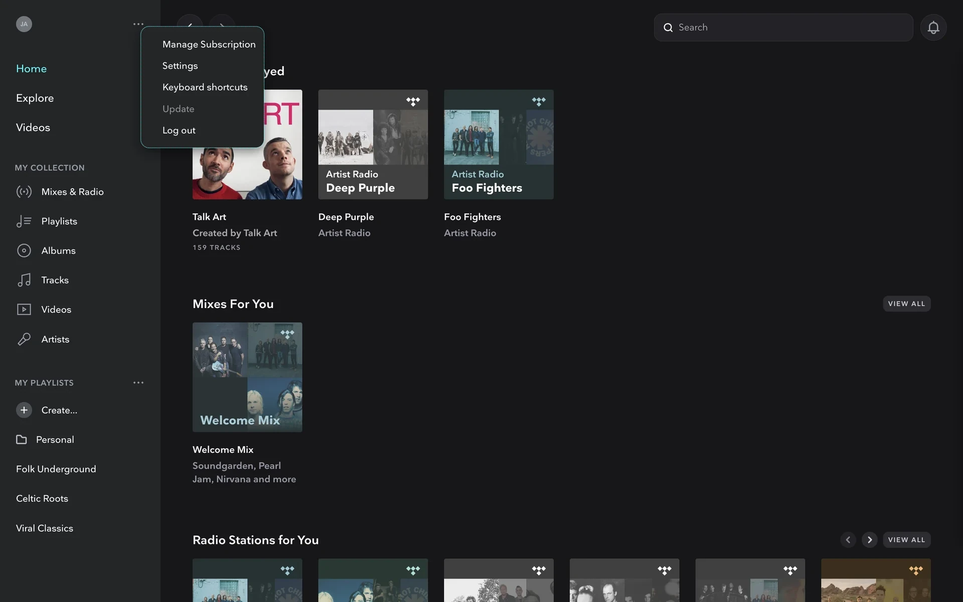 TIDAL web player avatar menu open over Recently Played, with Manage Subscription at the top of the list above Settings, Keyboard shortcuts, Update, and Log out
