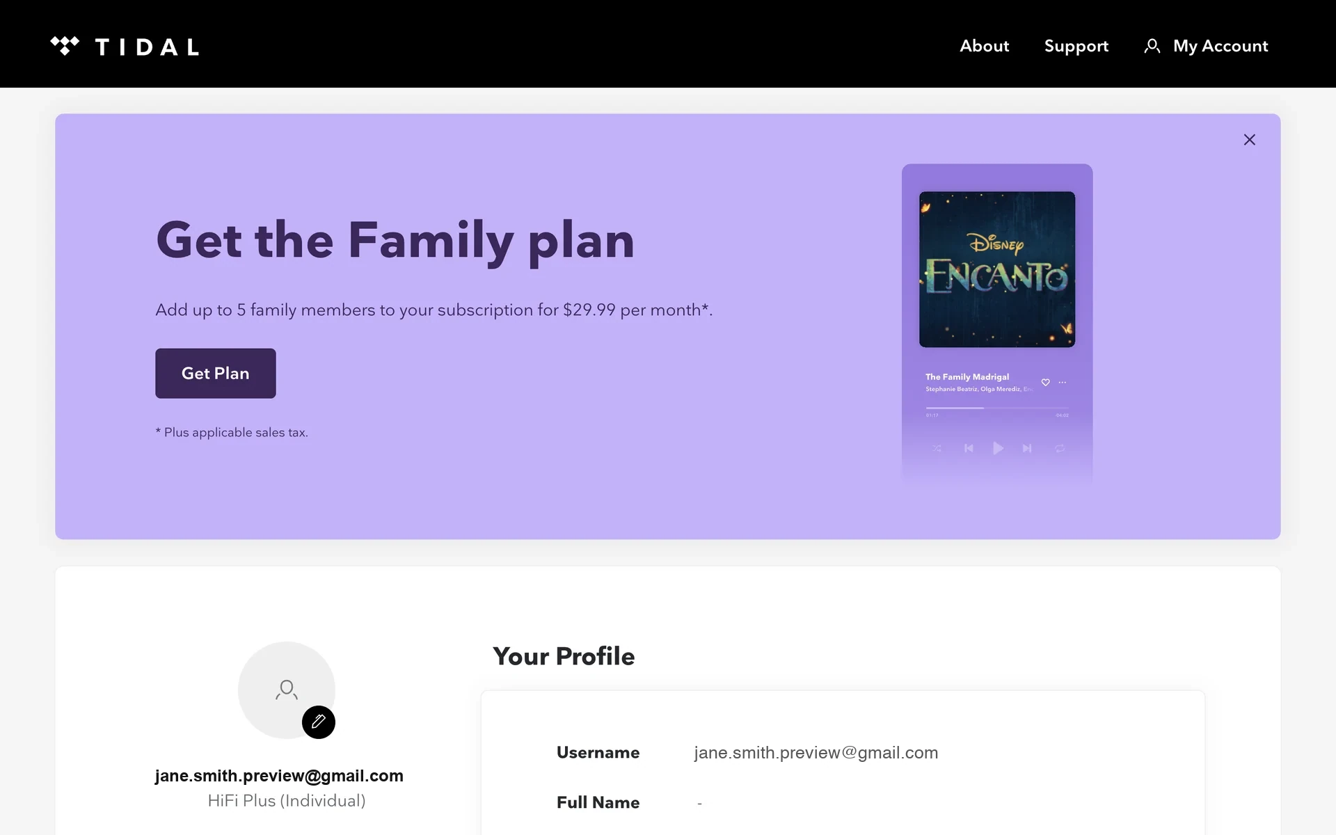 2022 TIDAL account page with a Get the Family plan banner offering up to 5 family members for $29.99 per month and a Get plan button above Your Profile. That Family price is stale — live Family is $19.99/mo