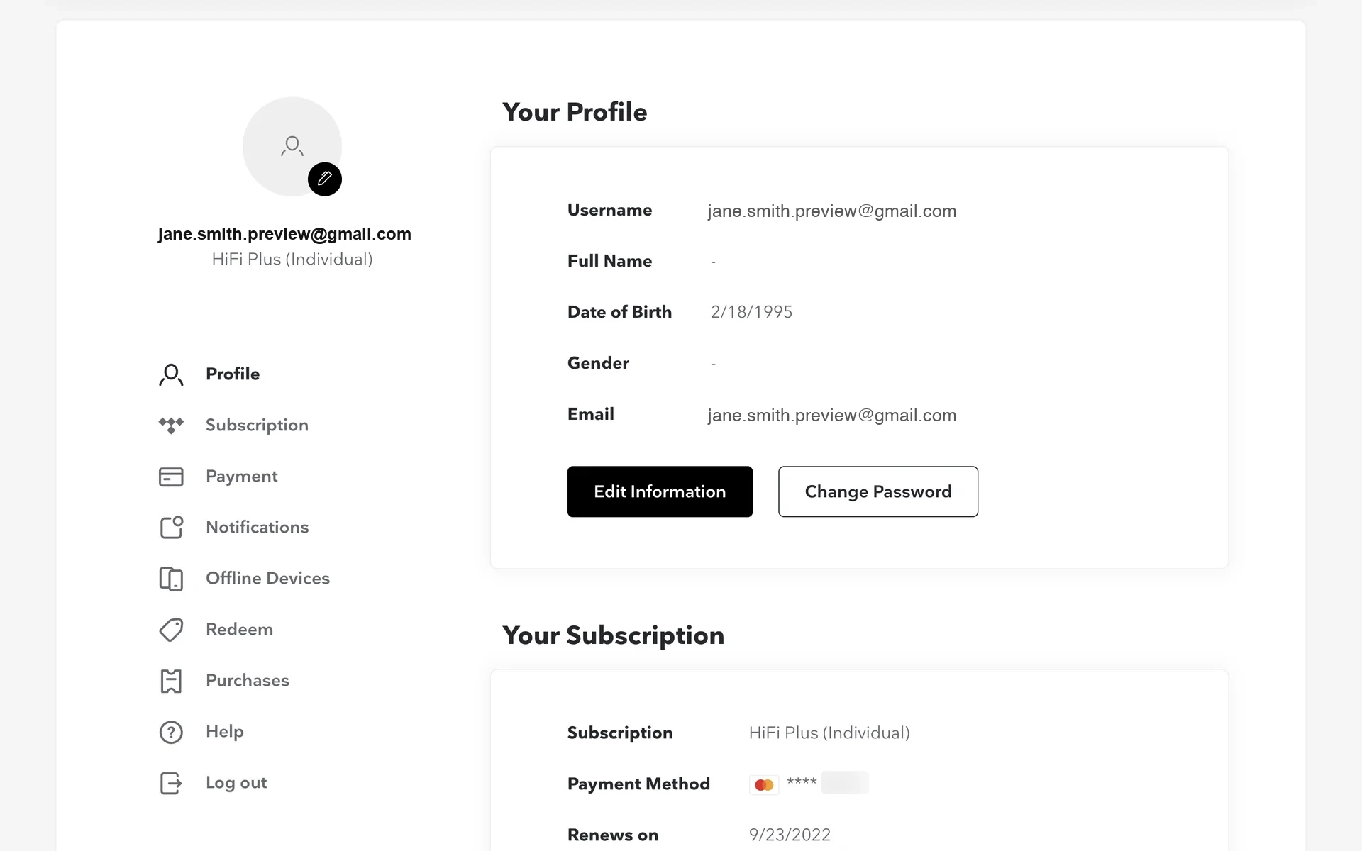 2022 TIDAL Your Profile page with left nav (Profile, Subscription, Payment, Notifications, Offline Devices, Redeem, Purchases, Help, Log out) and a Your Subscription card showing HiFi Plus (Individual), a card on file, and Renews on 9/23/2022. HiFi Plus is a retired plan name