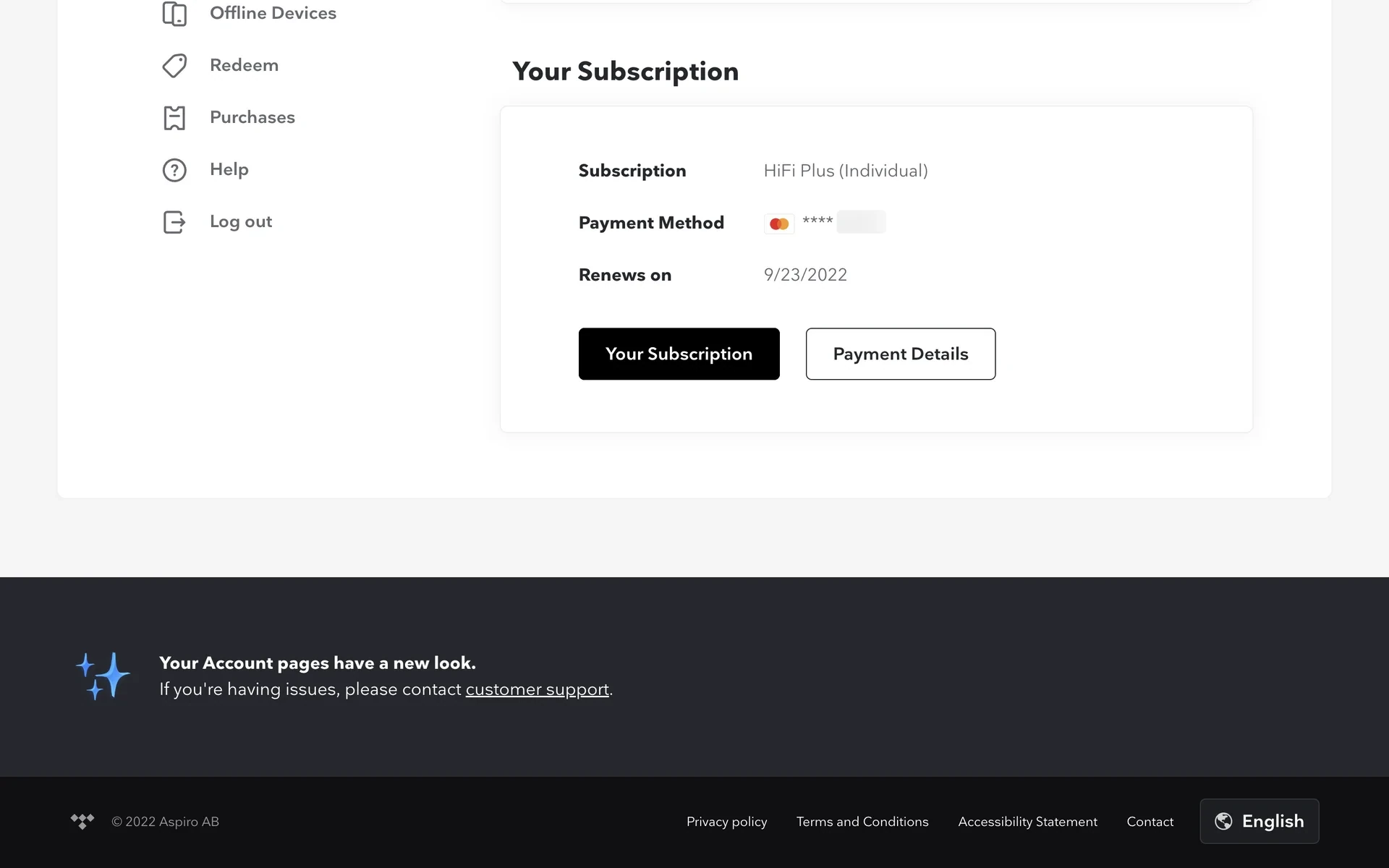 TIDAL Your Subscription card showing HiFi Plus (Individual), a masked card, Renews on 9/23/2022, and two buttons labeled Your Subscription and Payment Details, above a footer noting the account pages have a new look