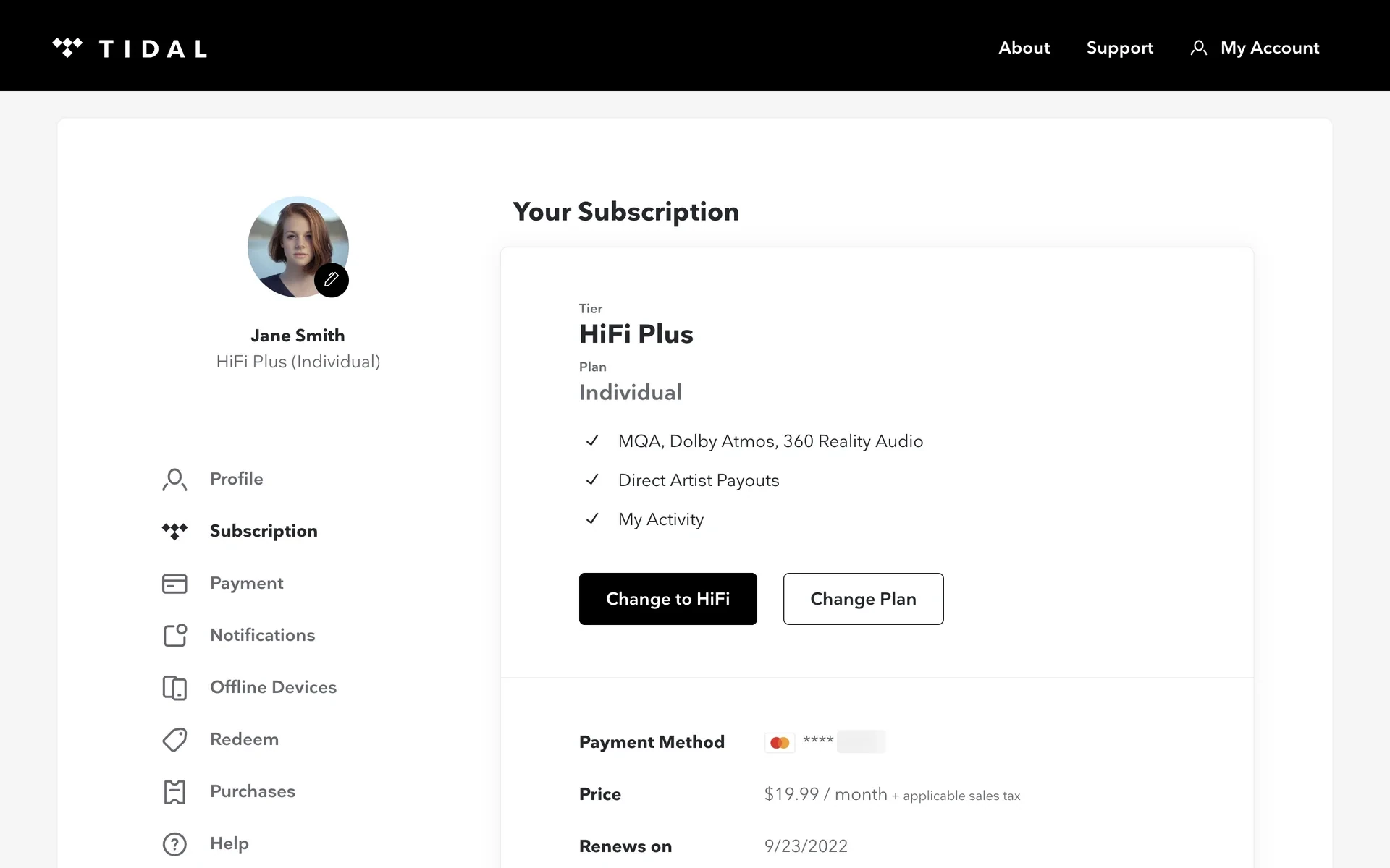 2022 TIDAL Your Subscription detail for HiFi Plus, plan Individual, listing MQA, Dolby Atmos, and 360 Reality Audio, with Change to HiFi and Change plan buttons, price $19.99/month, and Renews on 9/23/2022. HiFi Plus and that $19.99 Individual price are historical — live Individual is $11.99/mo