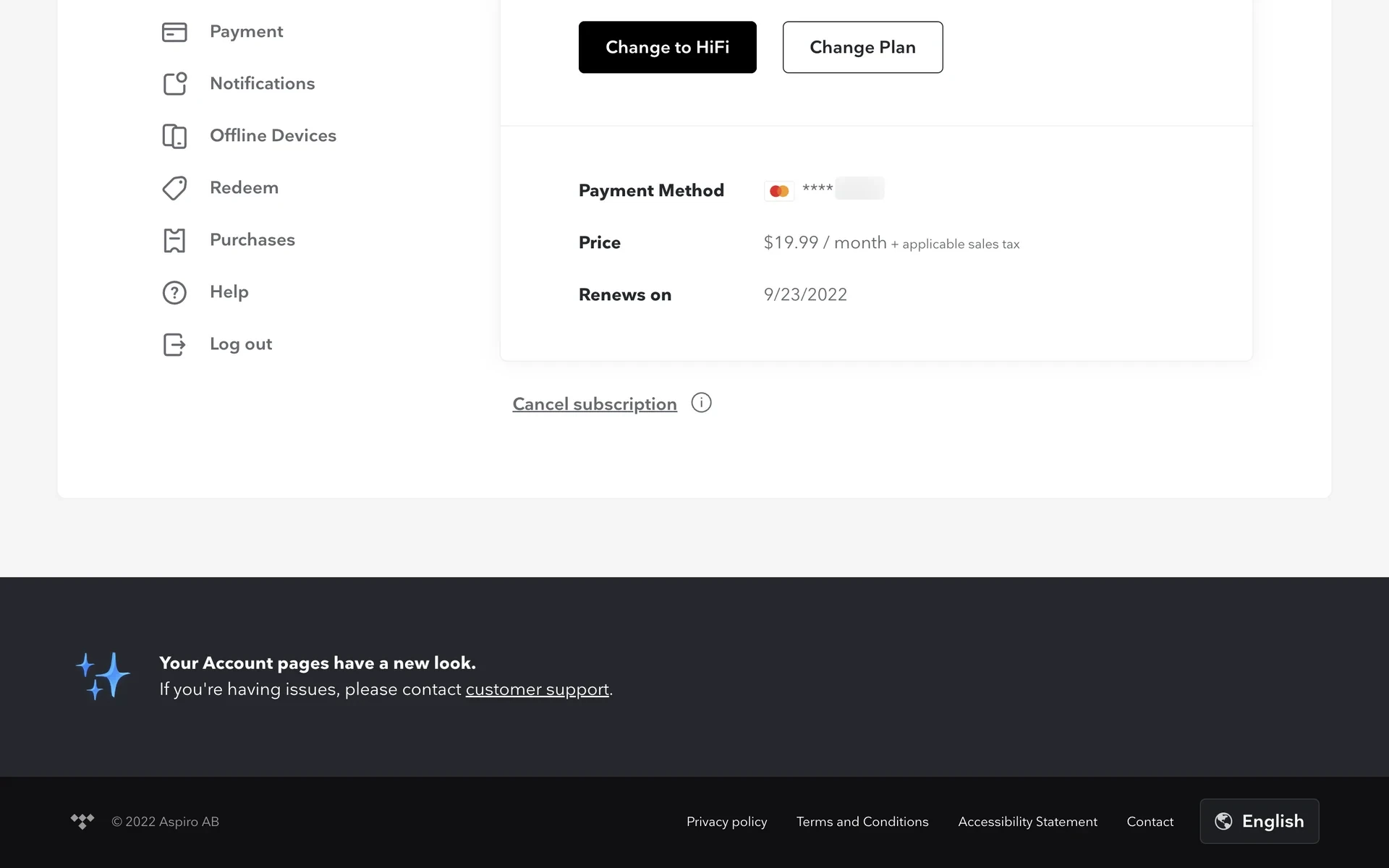 Scrolled 2022 TIDAL subscription card showing a masked card, $19.99/month, Renews on 9/23/2022, and a Cancel subscription text link under the card, with Change to HiFi and Change plan still visible above