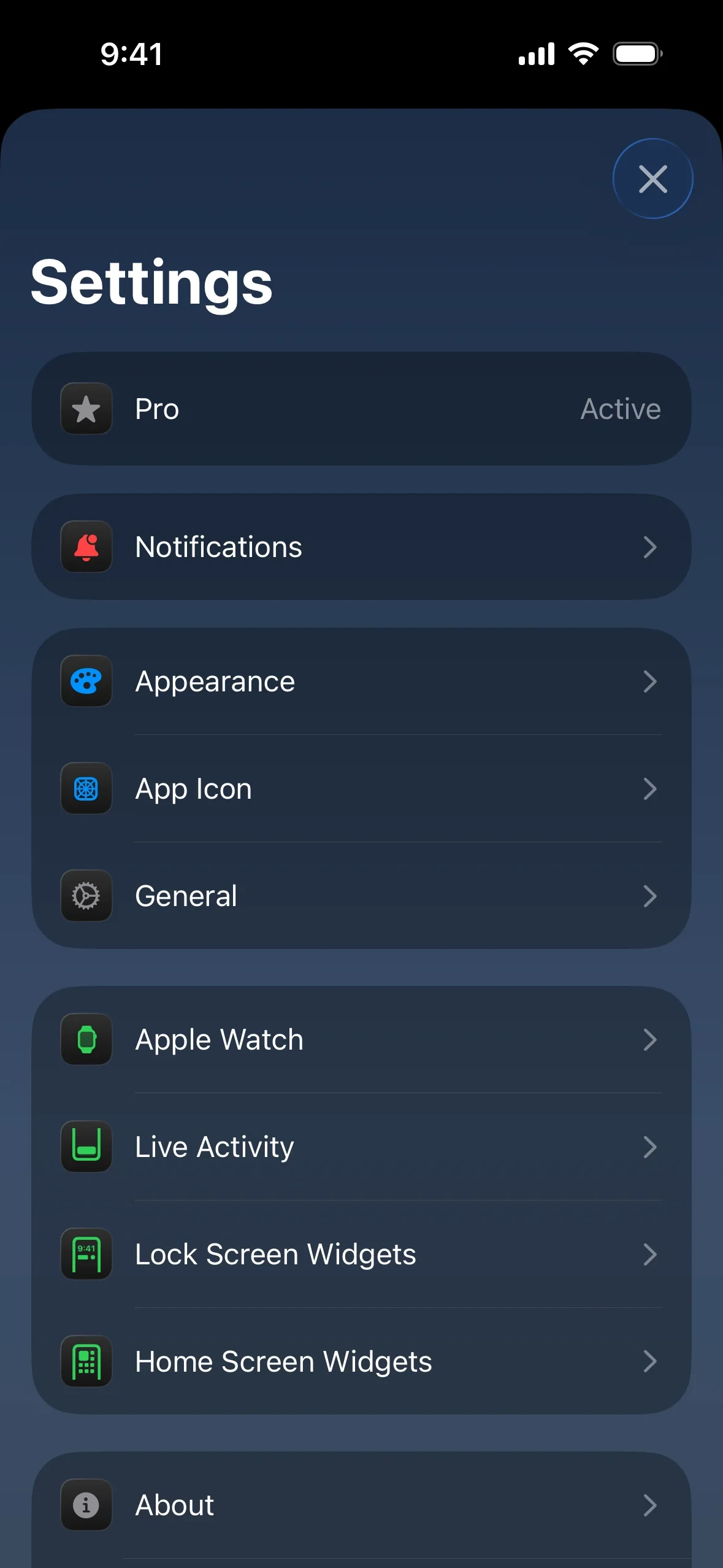 Tide Guide Settings sheet with a Pro row reading Active at the top, followed by Notifications, Appearance, App Icon, General, Apple Watch, Live Activity, Lock Screen Widgets, Home Screen Widgets and About