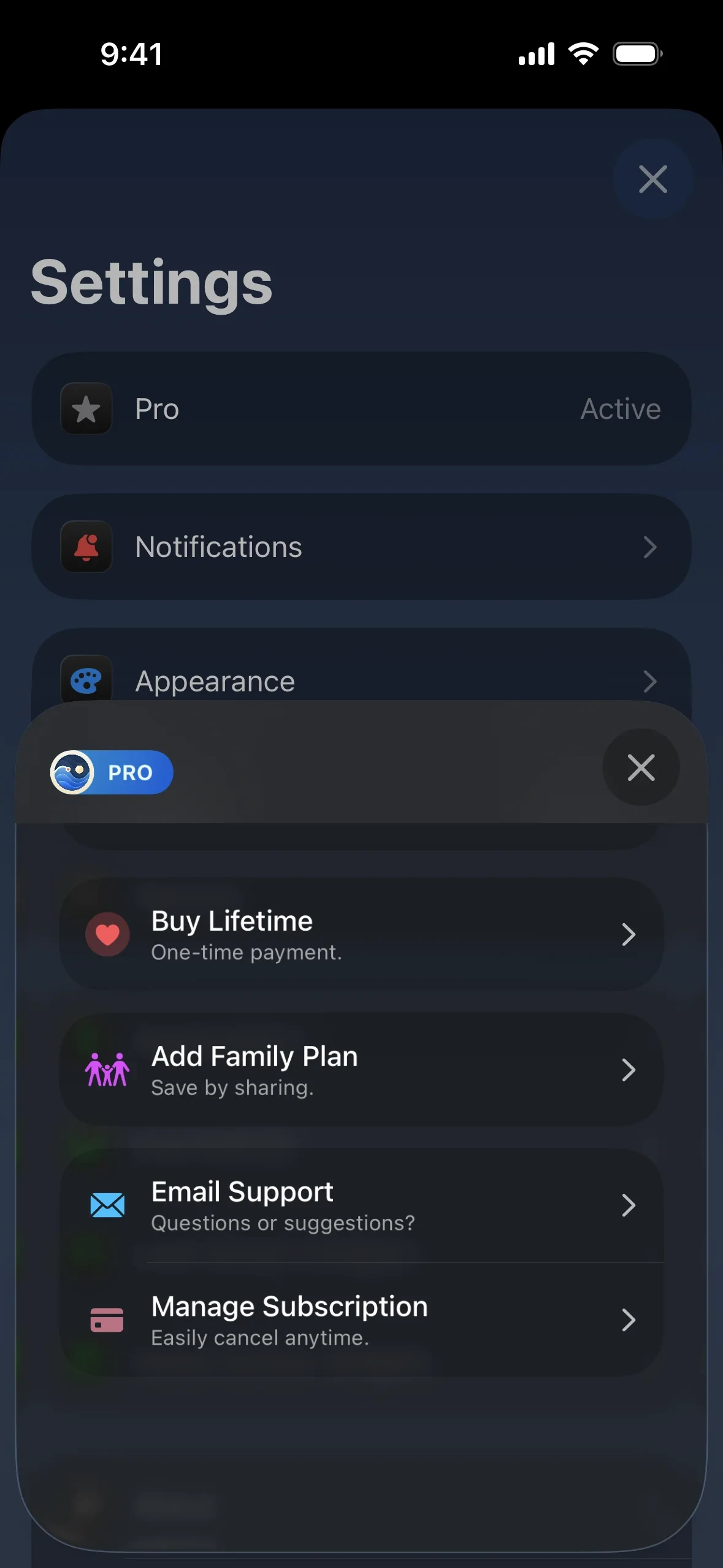 Tide Guide Pro sheet scrolled down to Buy Lifetime, Add Family Plan, Email Support, and Manage Subscription with the line Easily cancel anytime