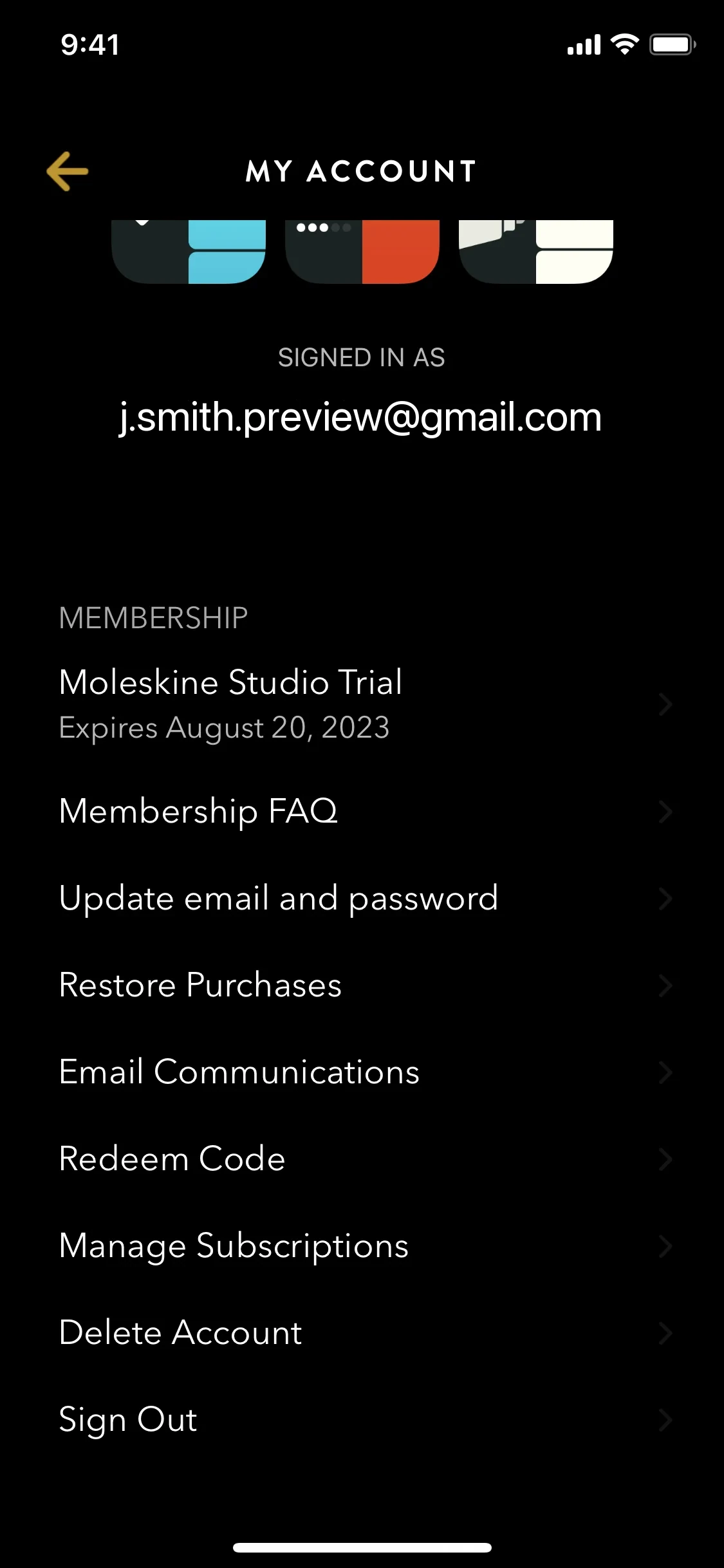 Timepage My Account screen showing Actions, Timepage, and Flow icons, signed-in email, MEMBERSHIP row reading Moleskine Studio Trial Expires August 20 2023, and menu links including Manage Subscriptions and Delete Account