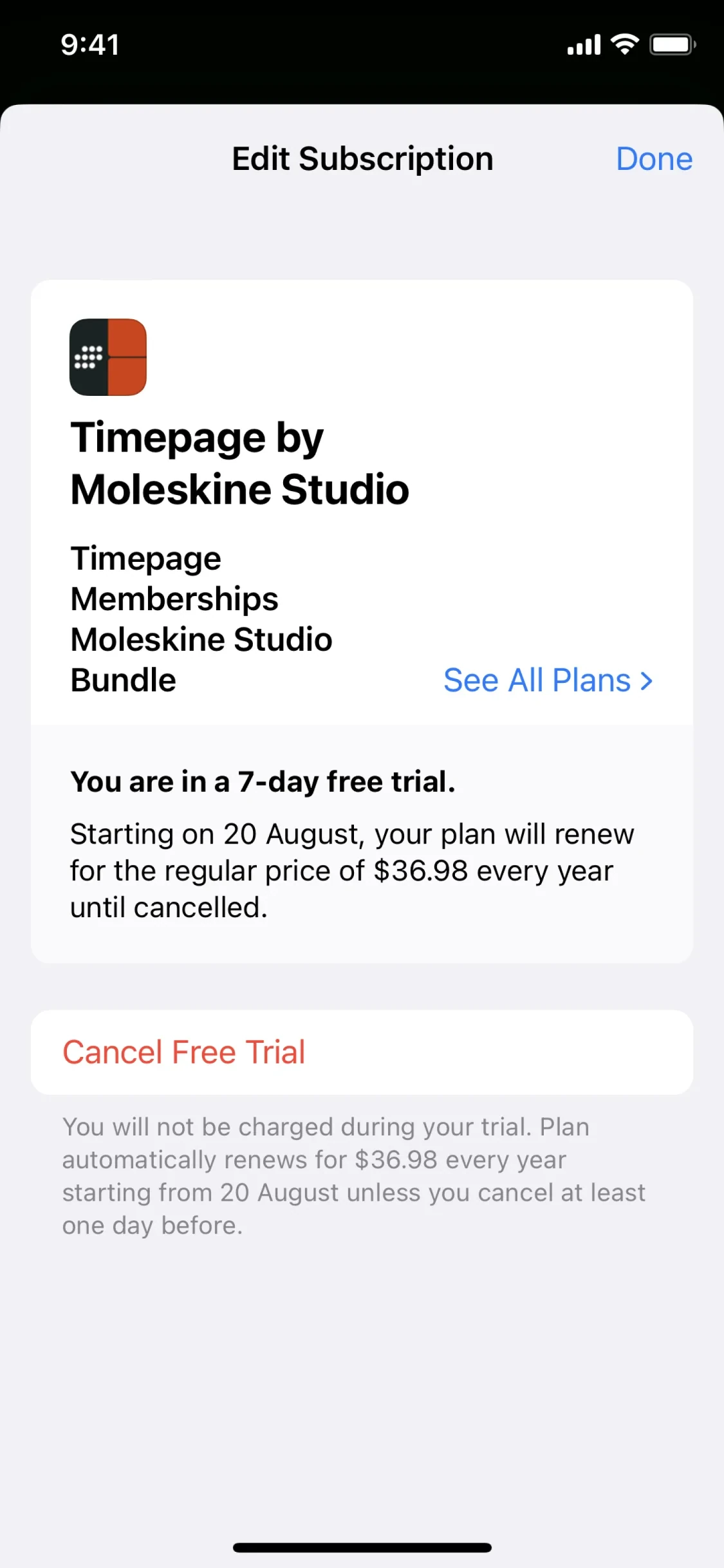 iOS Edit Subscription sheet for Timepage by Moleskine Studio showing You are in a 7-day free trial, renewal copy with an annual price, a red Cancel Free Trial button, and fine print that the plan renews unless canceled at least one day before