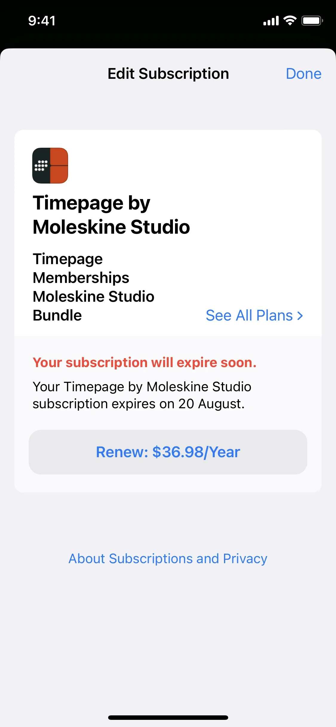 iOS Edit Subscription sheet after cancel showing red Your subscription will expire soon text, expiration on 20 August, and a blue Renew annual button instead of Cancel Free Trial