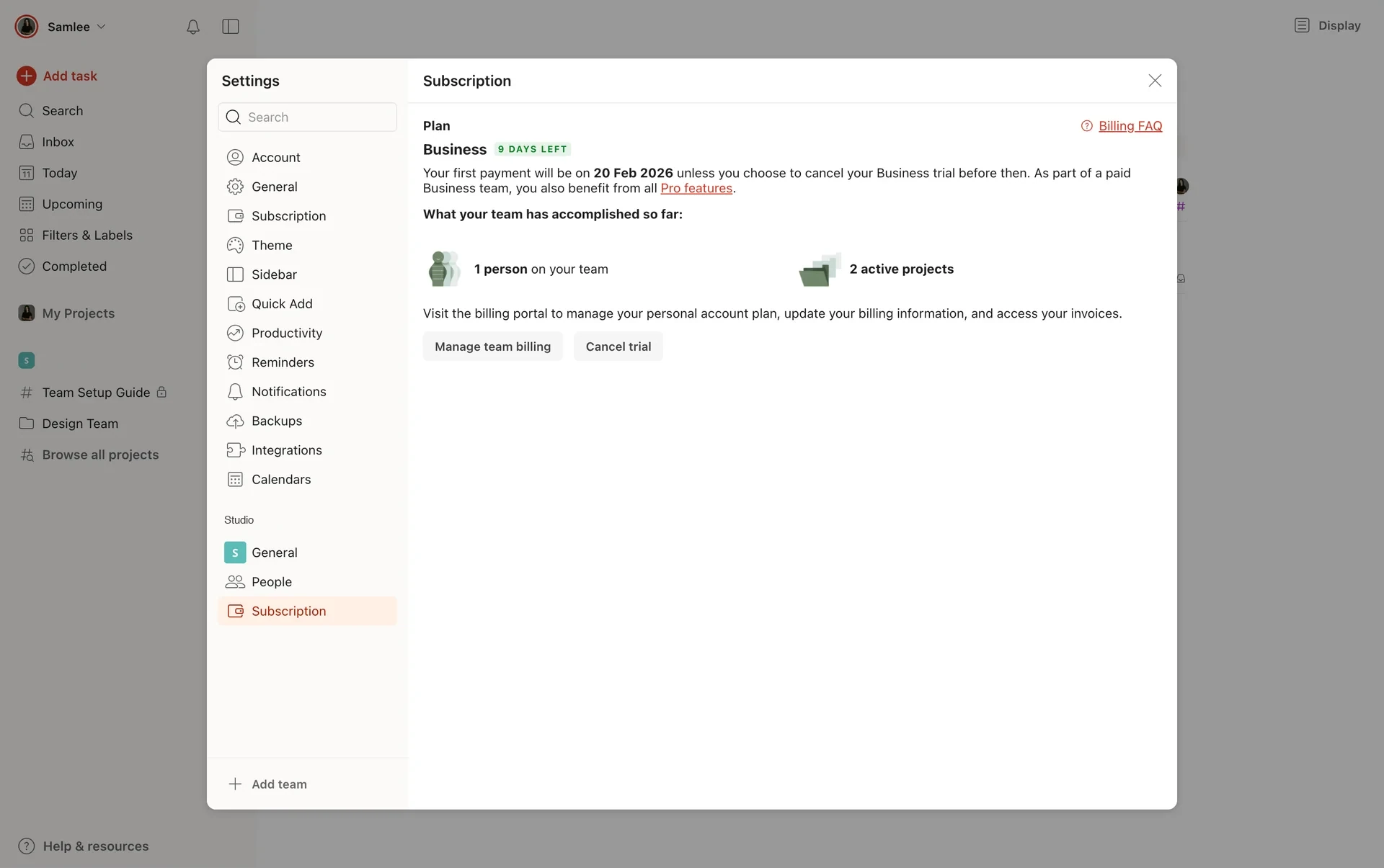 Todoist Subscription settings showing a Business plan with a "9 DAYS LEFT" trial badge, a Manage team billing button, and a Cancel trial button