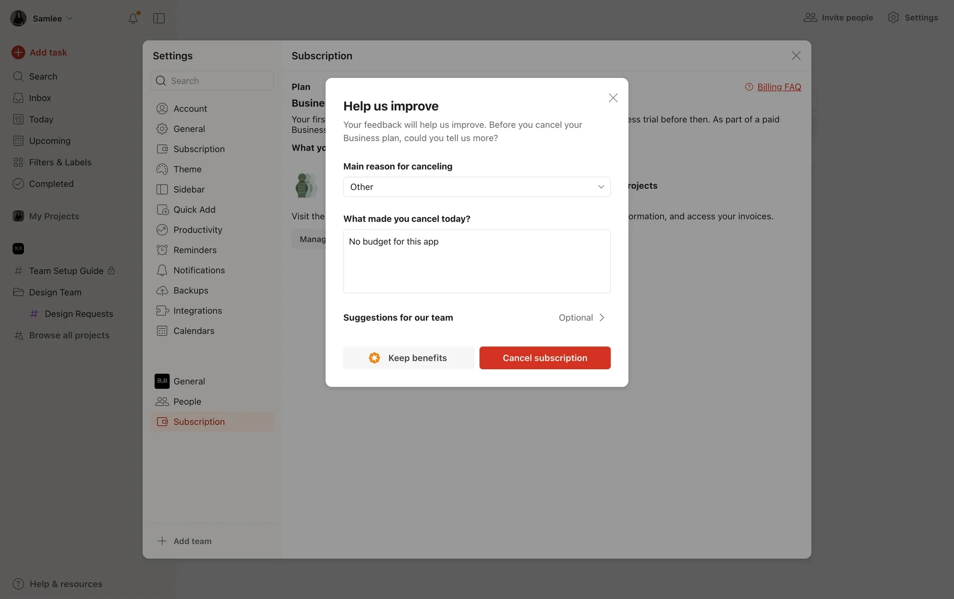 Todoist cancellation form with the reason set to Other, "No budget for this app" typed in the feedback box, and the red Cancel subscription button now active