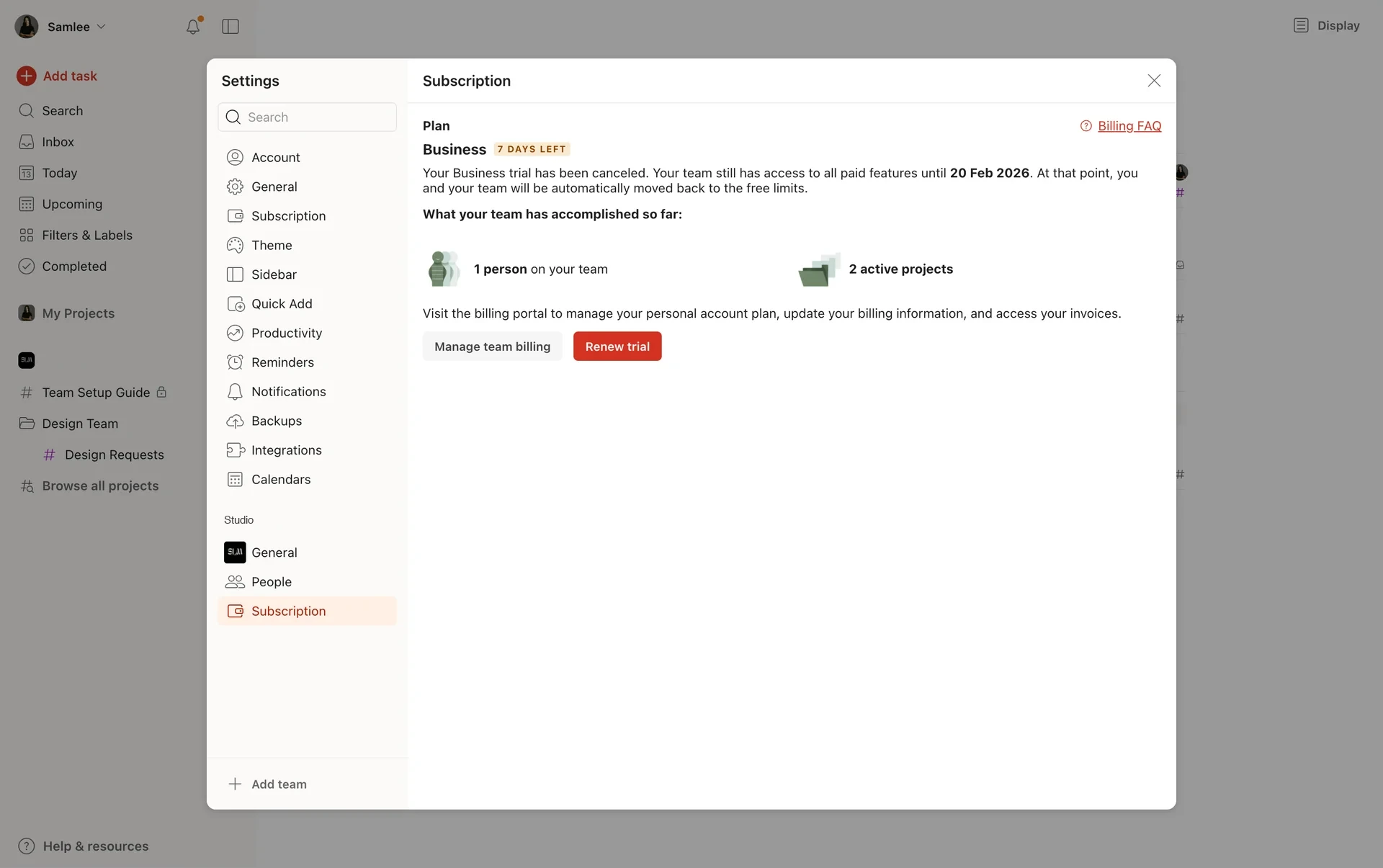 Todoist Subscription page reading "Your Business trial has been canceled. Your team still has access to all paid features until 20 Feb 2026" with a Renew trial button