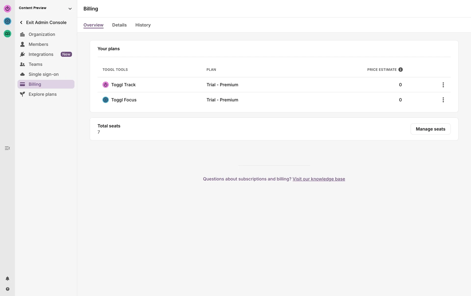 Toggl Track Admin Console Billing Overview showing Your plans with Toggl Track as Trial - Premium and price estimate 0, plus a three-dot menu on the row; workspace label scrubbed to Content Preview