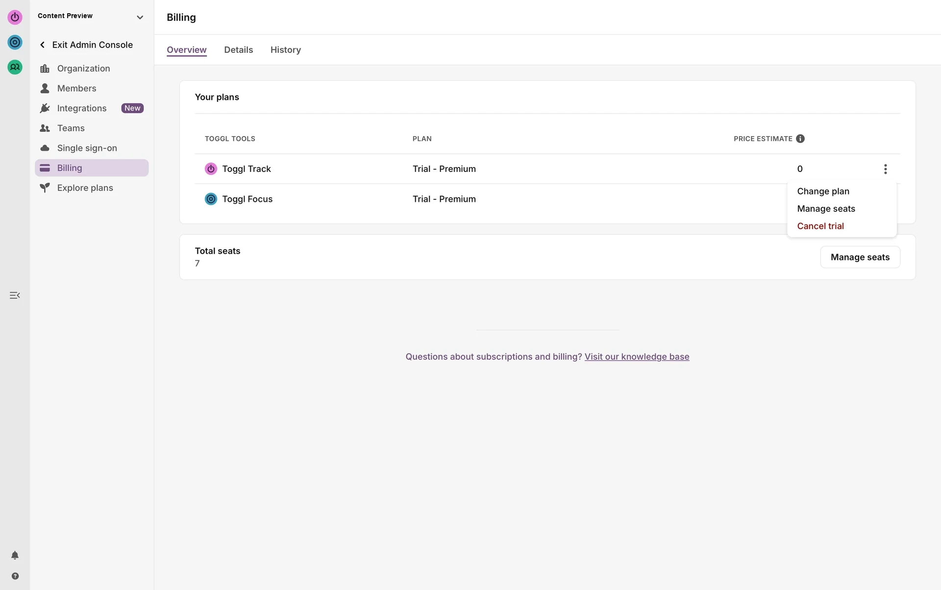 Billing Overview with the Toggl Track three-dot menu open showing Change plan, Manage seats, and Cancel trial in red text
