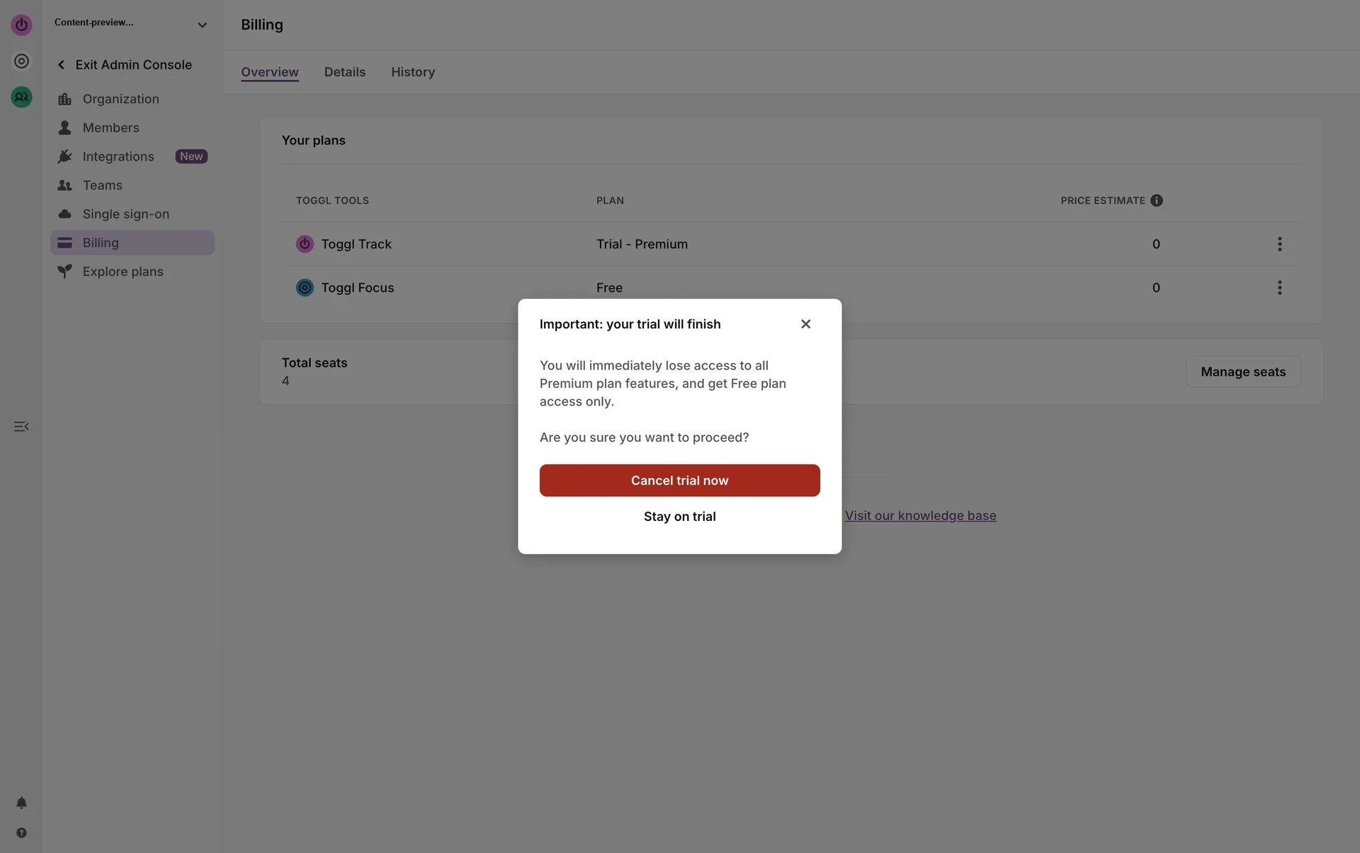 Modal titled Important: your trial will finish warning that you immediately lose Premium and get Free plan access only, with a red Cancel trial now button and Stay on trial link