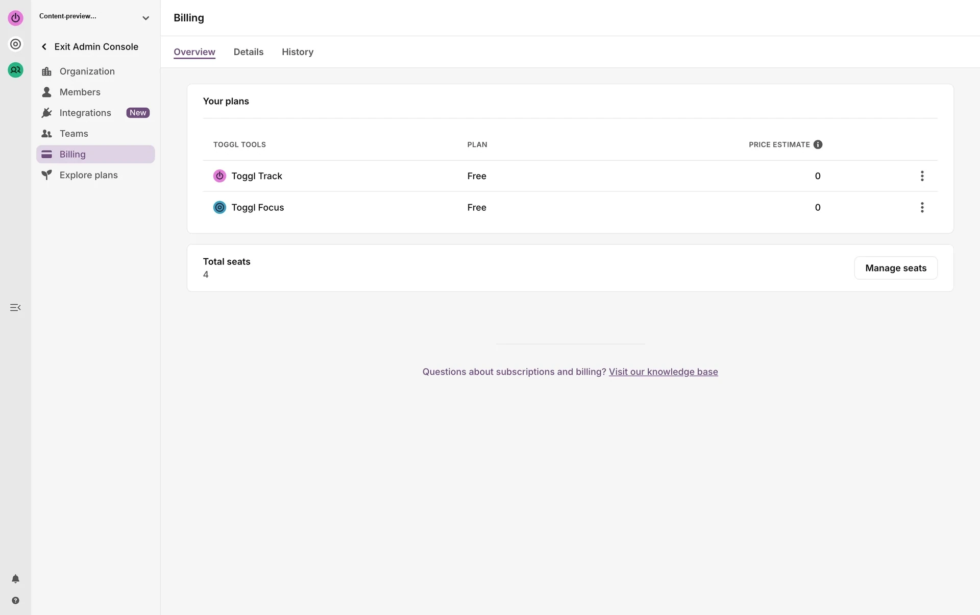 Billing Overview after trial cancel showing Toggl Track and Toggl Focus both on Free with price estimate 0
