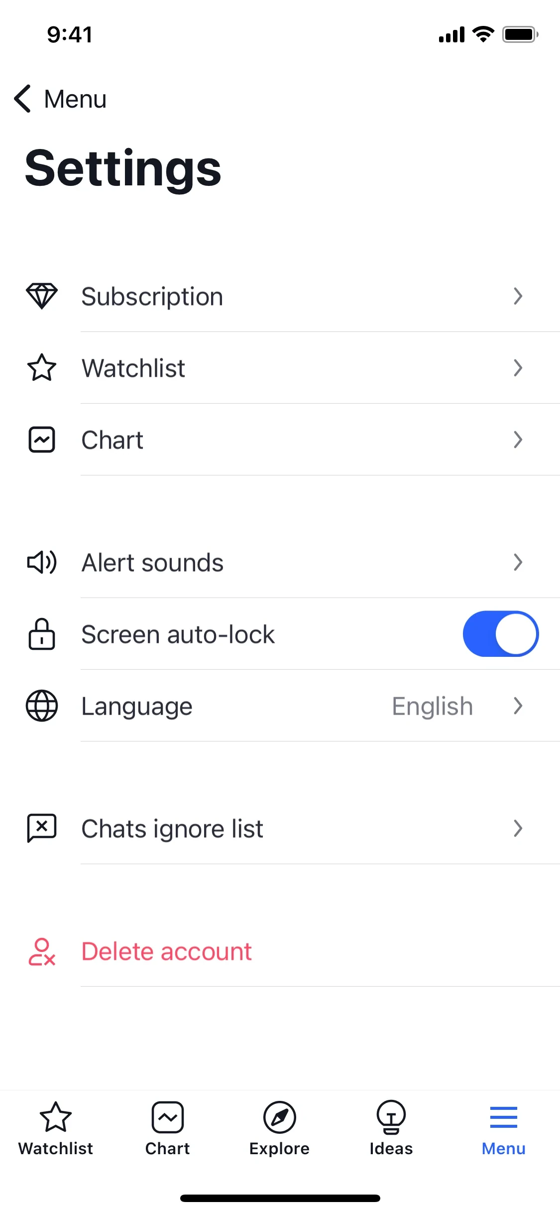 TradingView iOS Settings screen with Subscription as the first row (diamond icon), followed by Watchlist, Chart, Alert sounds, and a red Delete account row; Menu tab active in the bottom nav