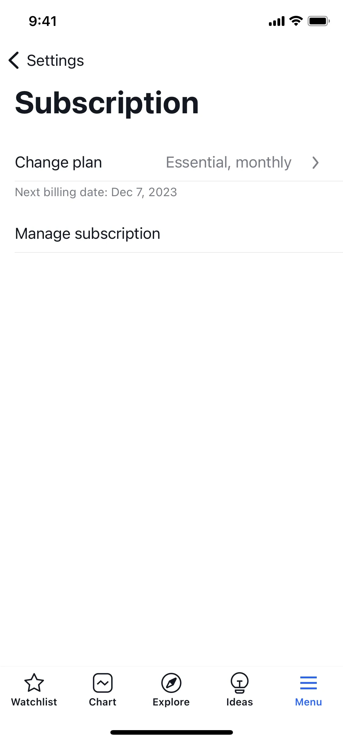 TradingView iOS Subscription screen showing Change plan with Essential, monthly selected, Next billing date Dec 7, 2023, and a Manage subscription button below