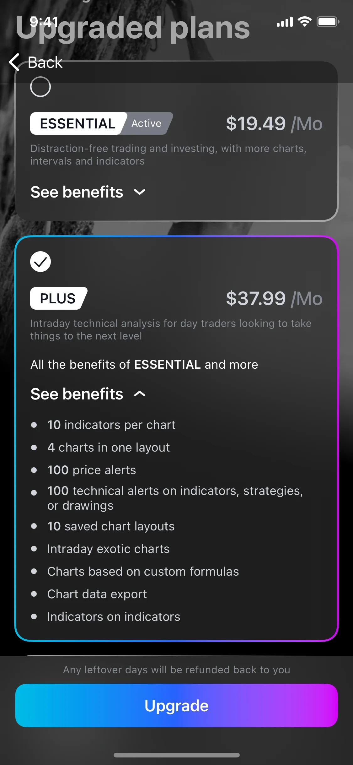 TradingView iOS Upgraded plans screen with ESSENTIAL marked Active at $19.49/Mo, PLUS selected at $37.99/Mo with benefits expanded, leftover-days refund note, and a gradient Upgrade button