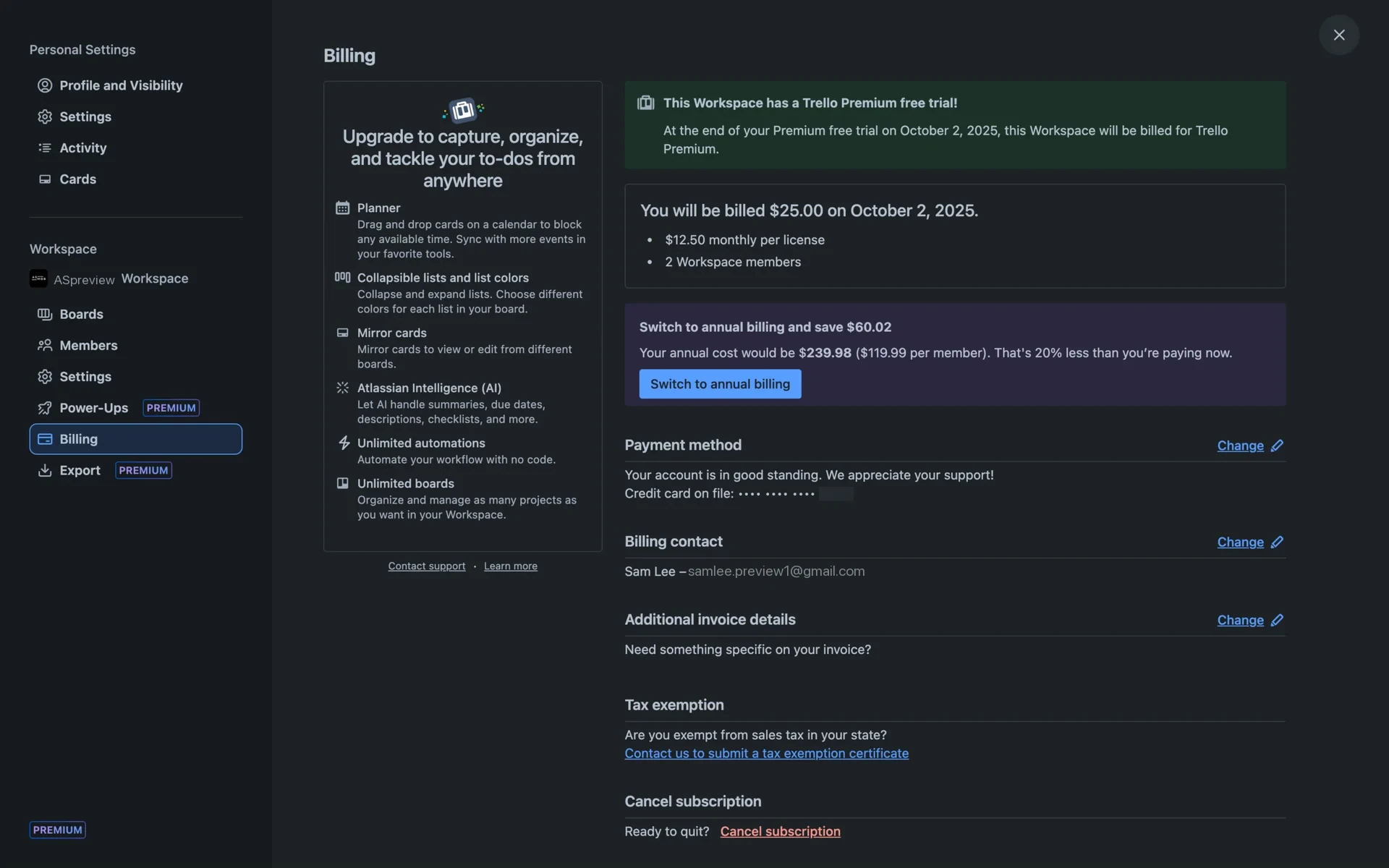 Trello Workspace Billing page showing the upcoming charge, payment method, and the Cancel subscription link at the bottom under a Ready to quit prompt