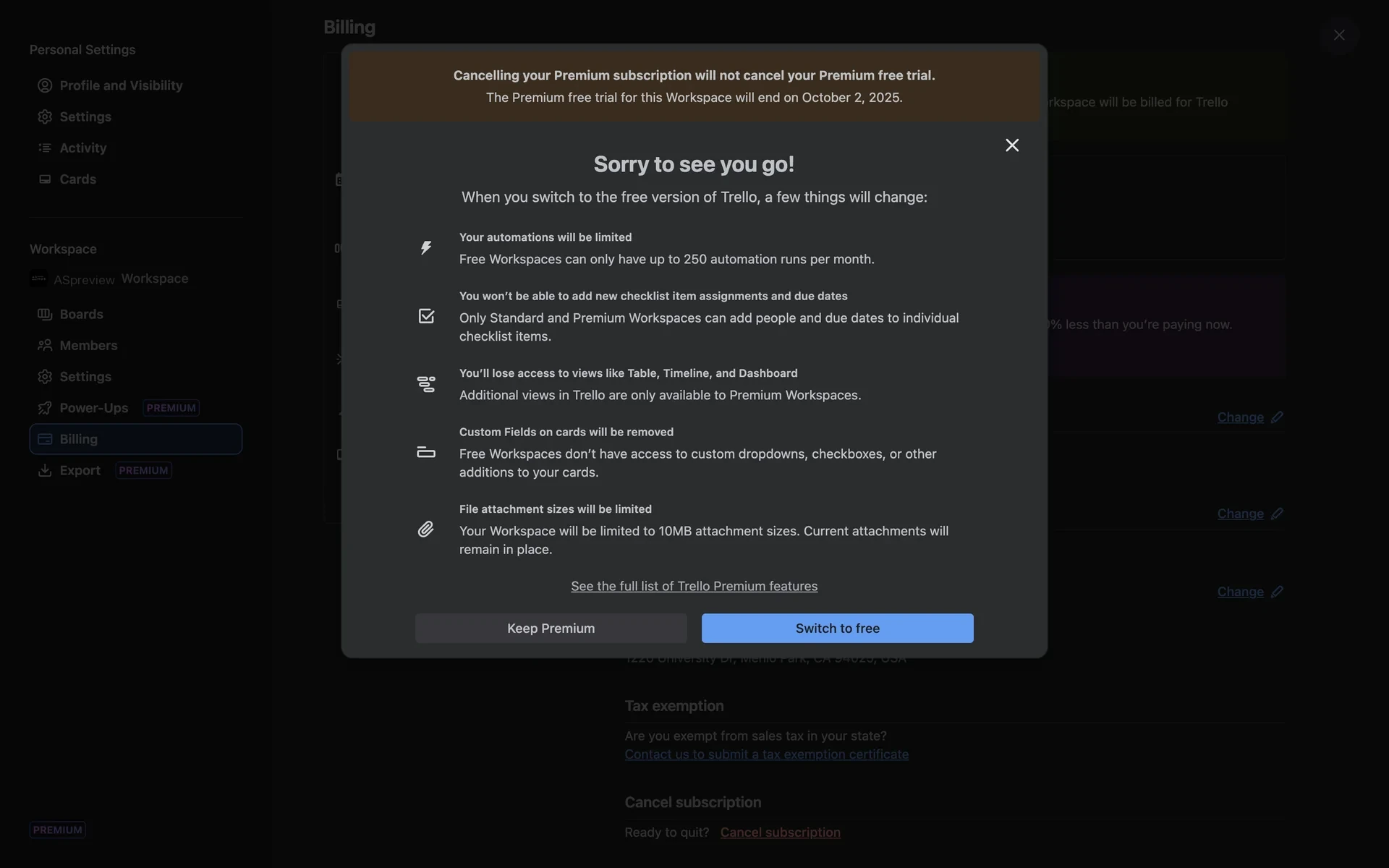 Trello Sorry to see you go dialog listing the features lost on the free plan with Keep Premium and Switch to free buttons
