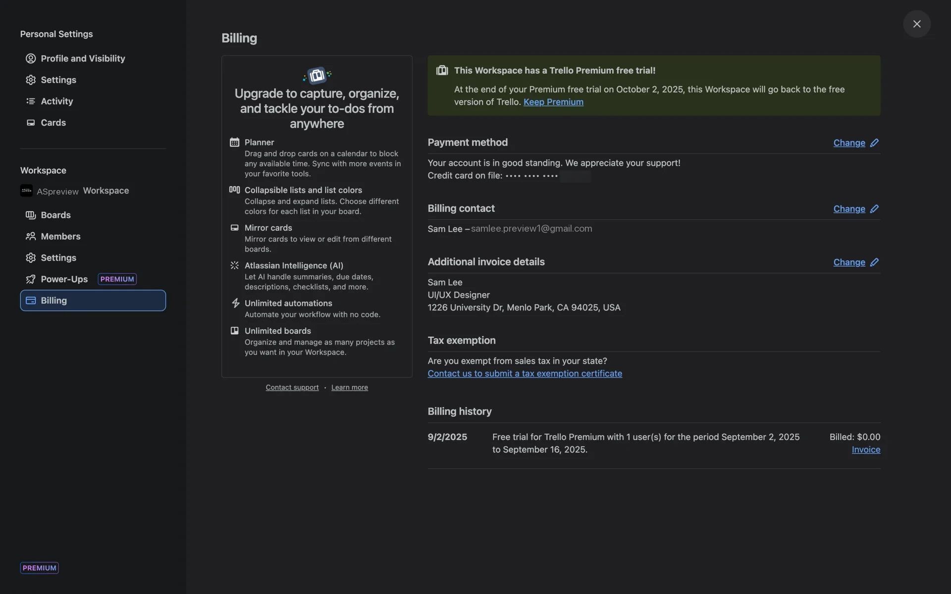 Trello Billing page banner confirming the Workspace will revert to the free version at the end of the billing period with a Keep Premium link