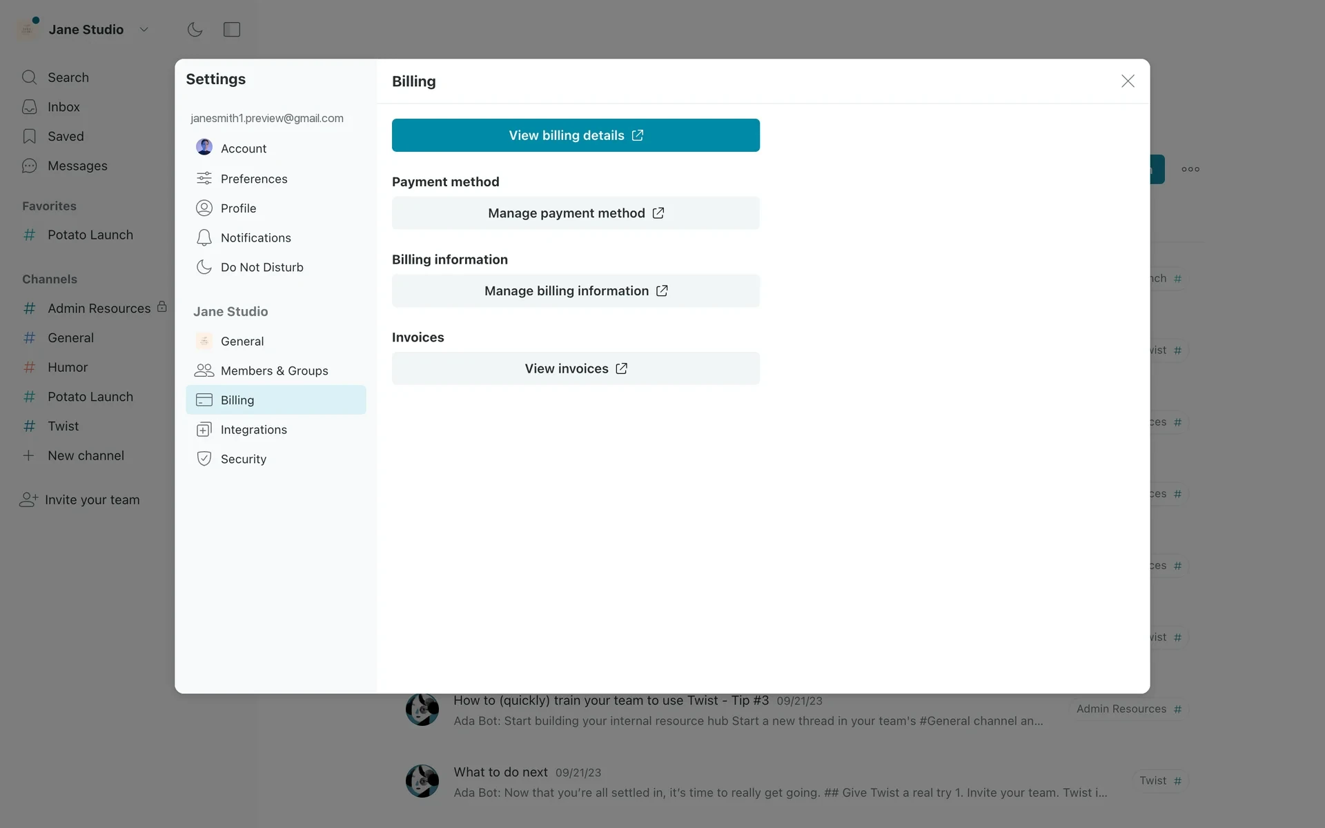 Twist Settings modal with Billing selected under the Jane Studio team, showing View billing details, Manage payment method, Manage billing information, and View invoices buttons