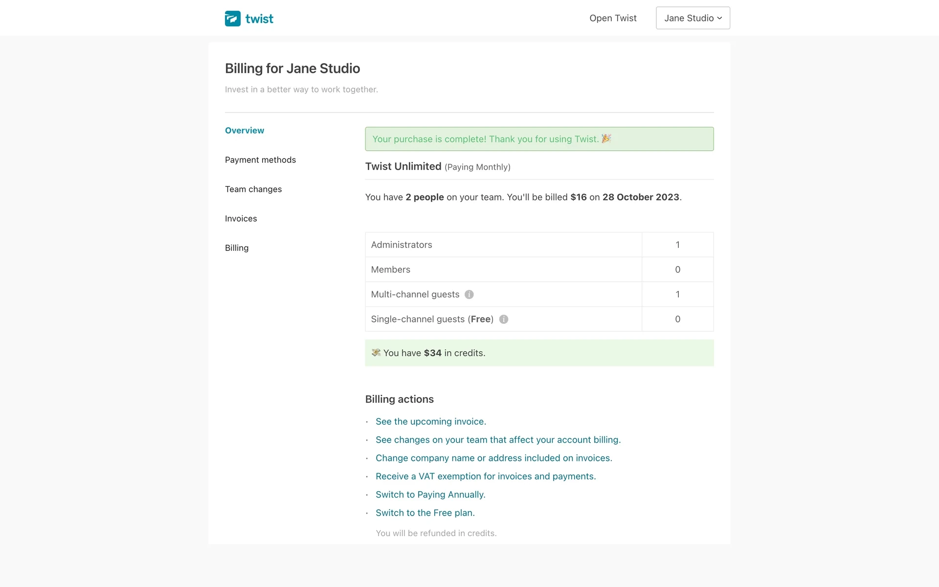 Twist Billing for Jane Studio overview showing Twist Unlimited Paying Monthly, a 2-person team billed $16 on 28 October 2023, and Billing actions including Switch to the Free plan with a note you will be refunded in credits
