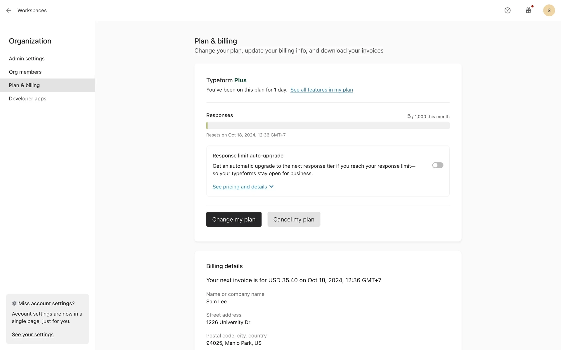Typeform Plan & billing page for a Plus plan showing response usage, Response limit auto-upgrade Off, Change my plan and Cancel my plan buttons, and next invoice details