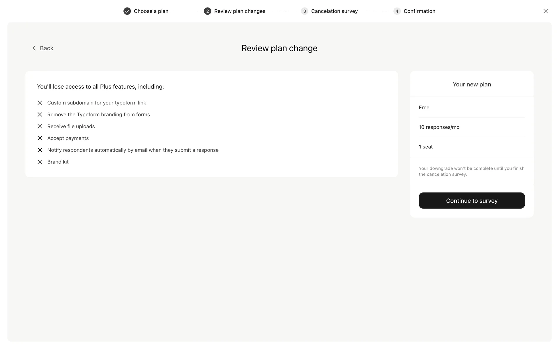 Typeform Review plan change step listing Plus features you will lose beside a Free plan summary with 10 responses/mo, 1 seat, and a Continue to survey button