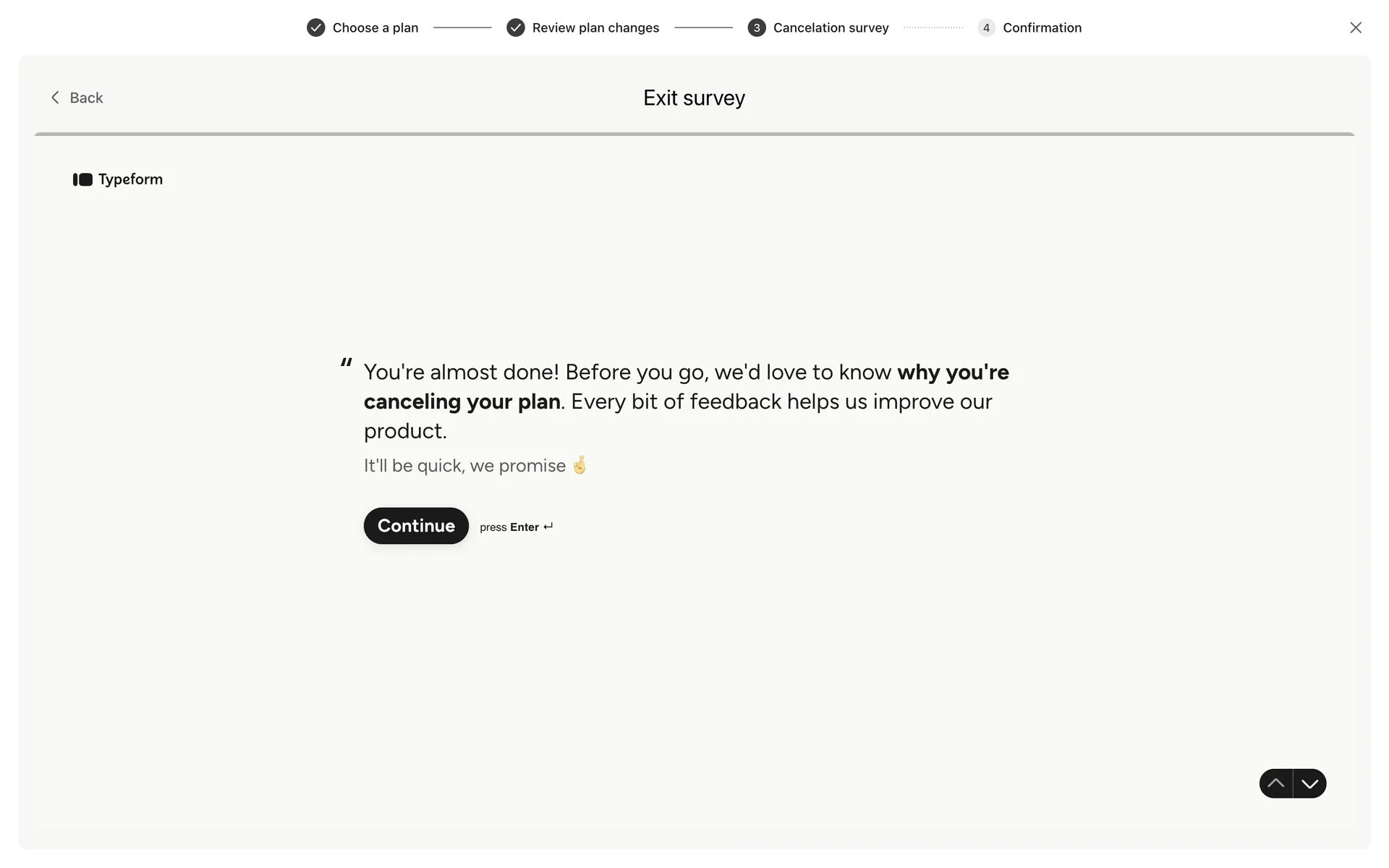 Typeform Exit survey intro on the Cancelation survey step with copy asking why you are canceling and a black Continue button