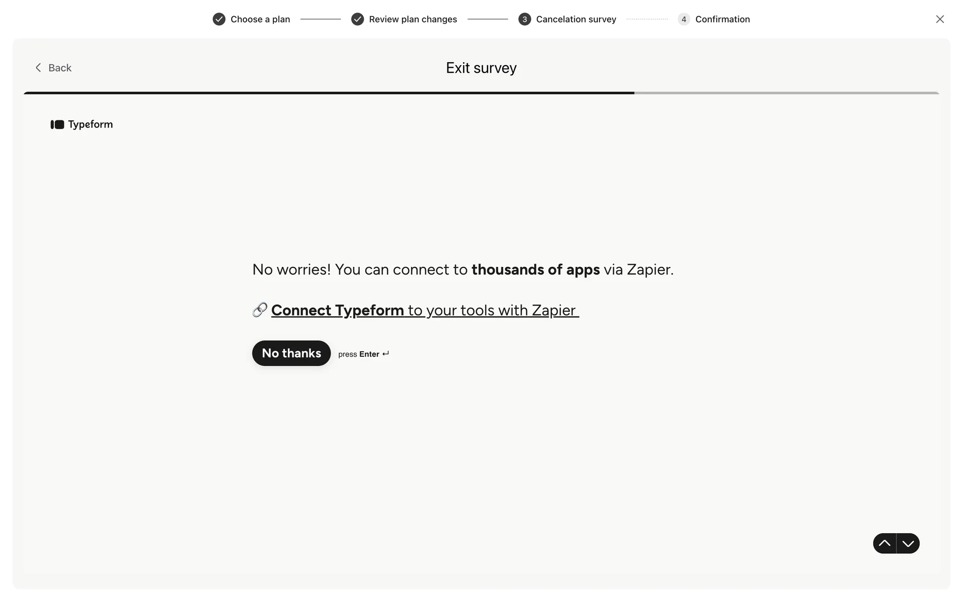 Typeform exit survey retention screen promoting Zapier integrations with a Connect Typeform to your tools with Zapier link and a No thanks button