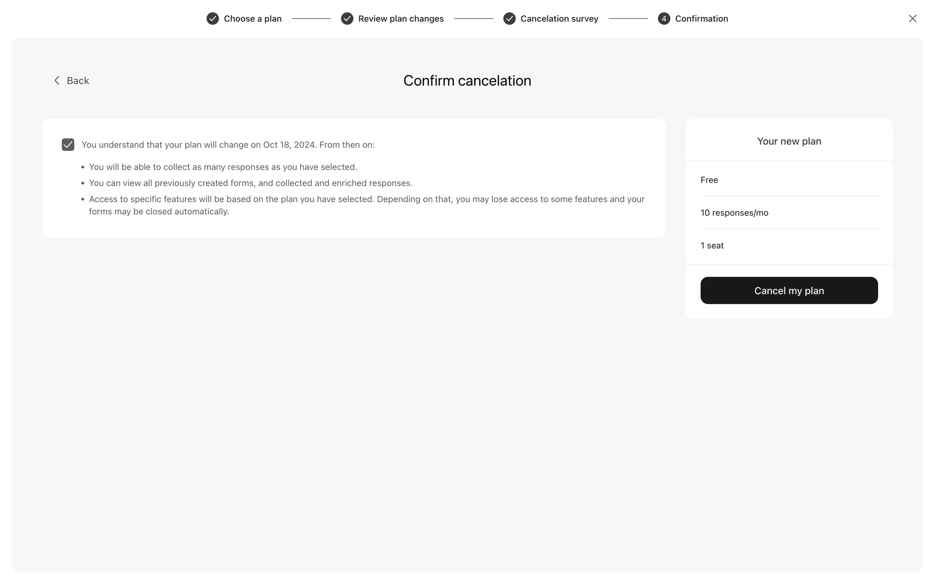 Typeform Confirm cancelation step with the acknowledgment checkbox checked, Free plan summary of 10 responses/mo and 1 seat, and an enabled Cancel my plan button