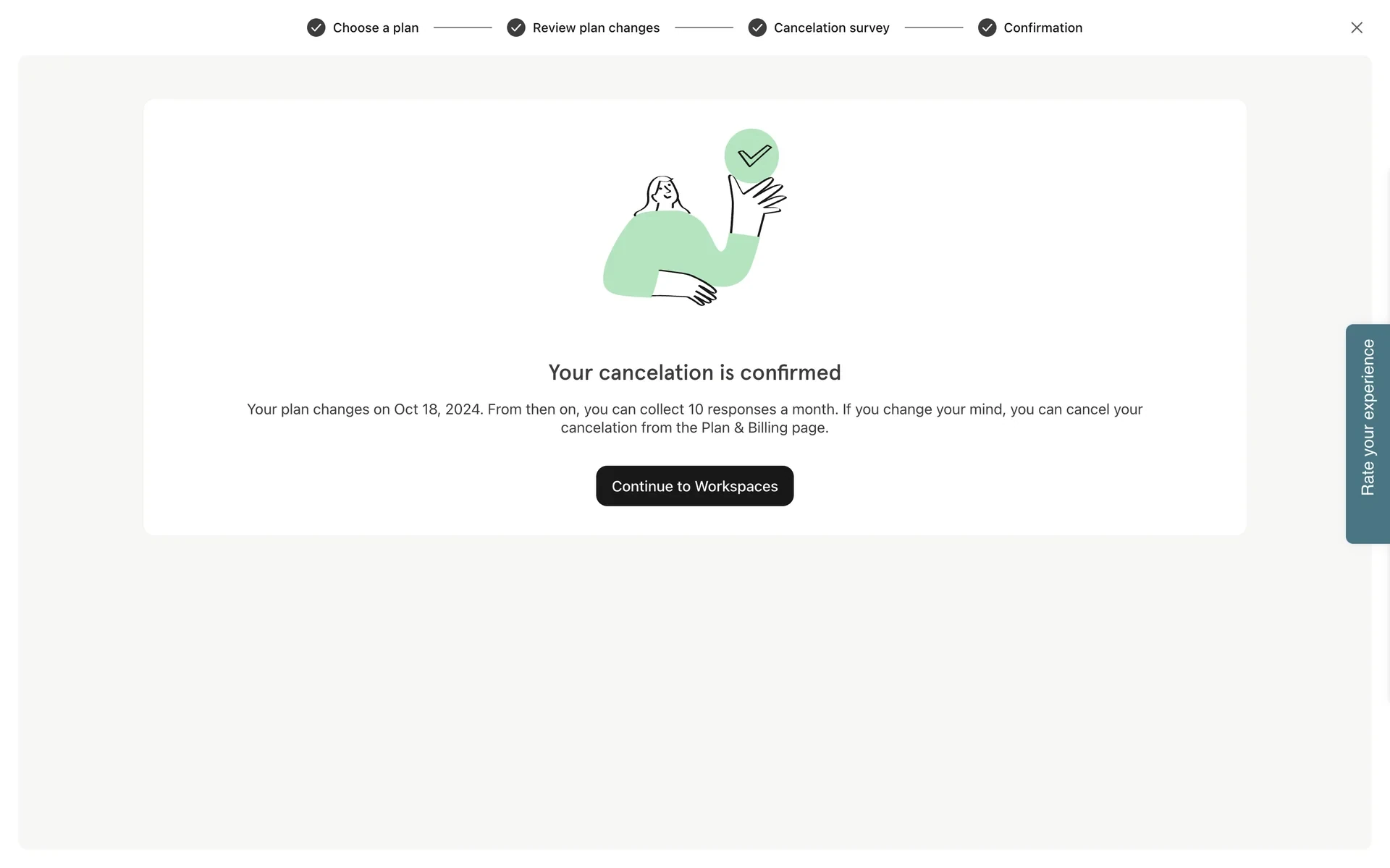 Typeform success screen reading Your cancelation is confirmed with the plan change date, Free response limit note, undo hint, and Continue to Workspaces button
