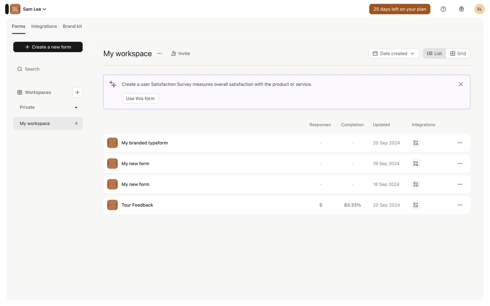 Typeform My workspace dashboard after scheduling cancel, with a brown 25 days left on your plan chip in the top bar and the forms list