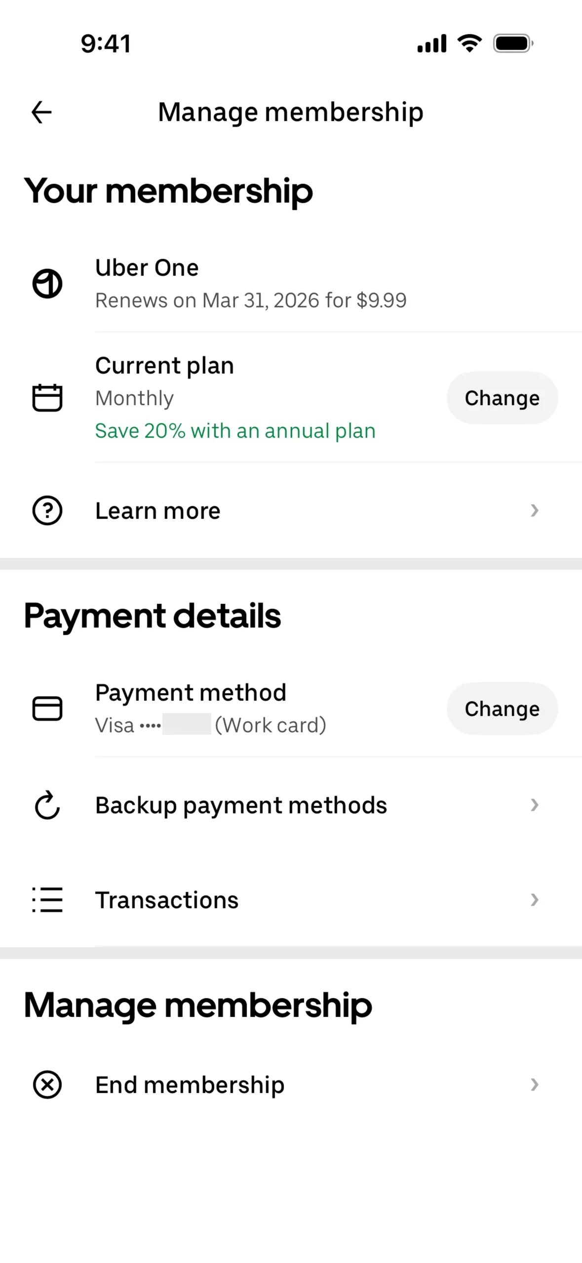 Uber One Manage membership page showing the active monthly plan with renewal date, a Change button next to Current plan with a "Save 20% with an annual plan" upsell, payment details, and the End membership row at the bottom