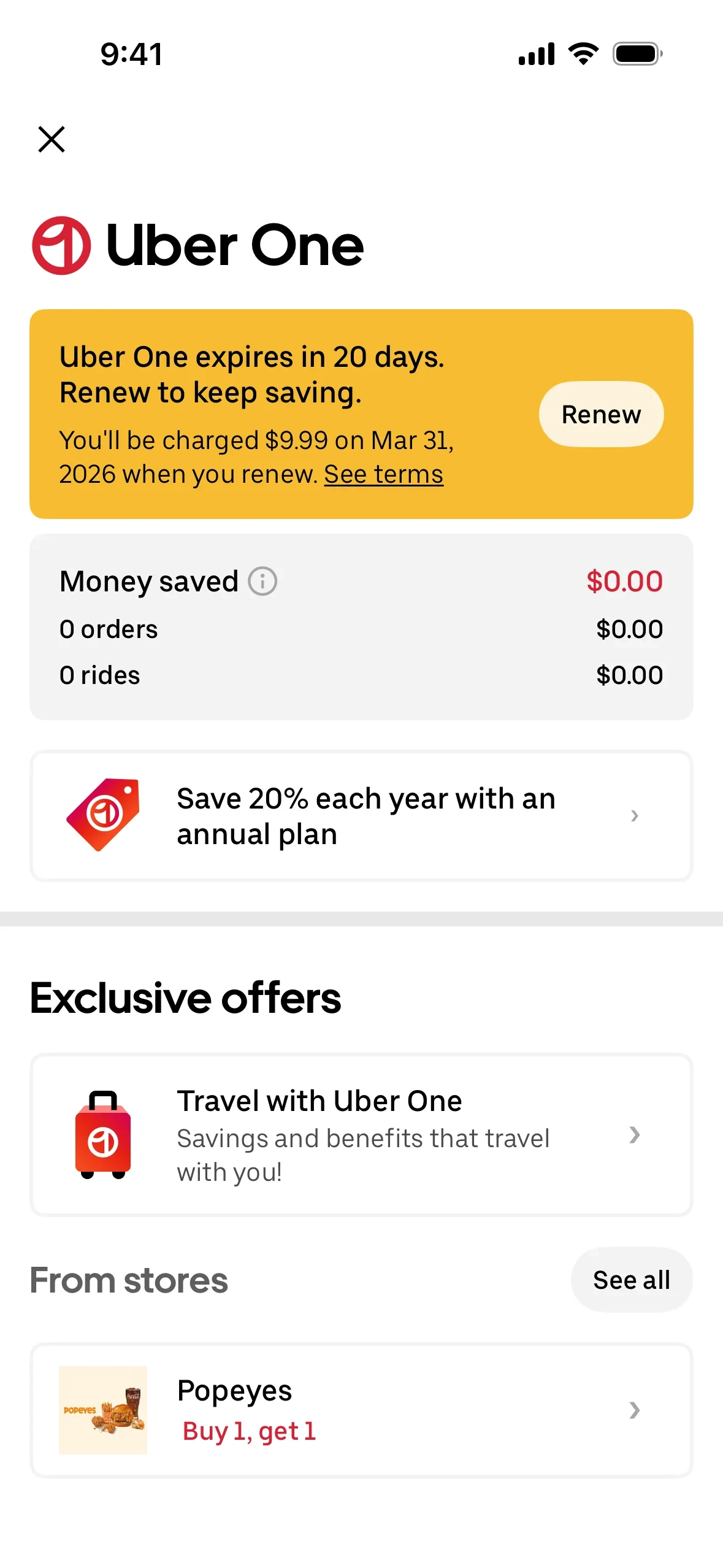 Uber One hub after cancellation with a yellow banner reading "Uber One expires in 20 days. Renew to keep saving" alongside a Renew button, plus the membership savings widget and a Save 20% each year with an annual plan card below
