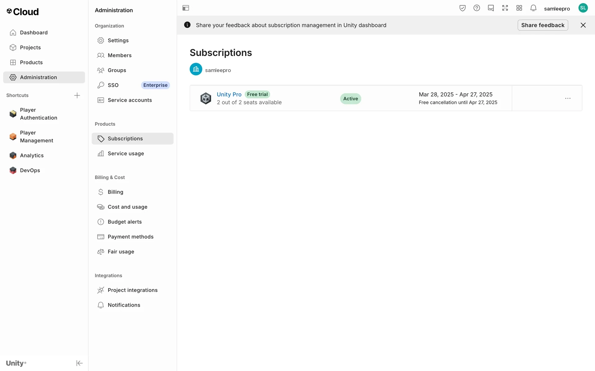 Unity Cloud Administration Subscriptions page showing a Unity Pro row with a Free trial badge, Active status, and "Free cancellation until Apr 27, 2025"