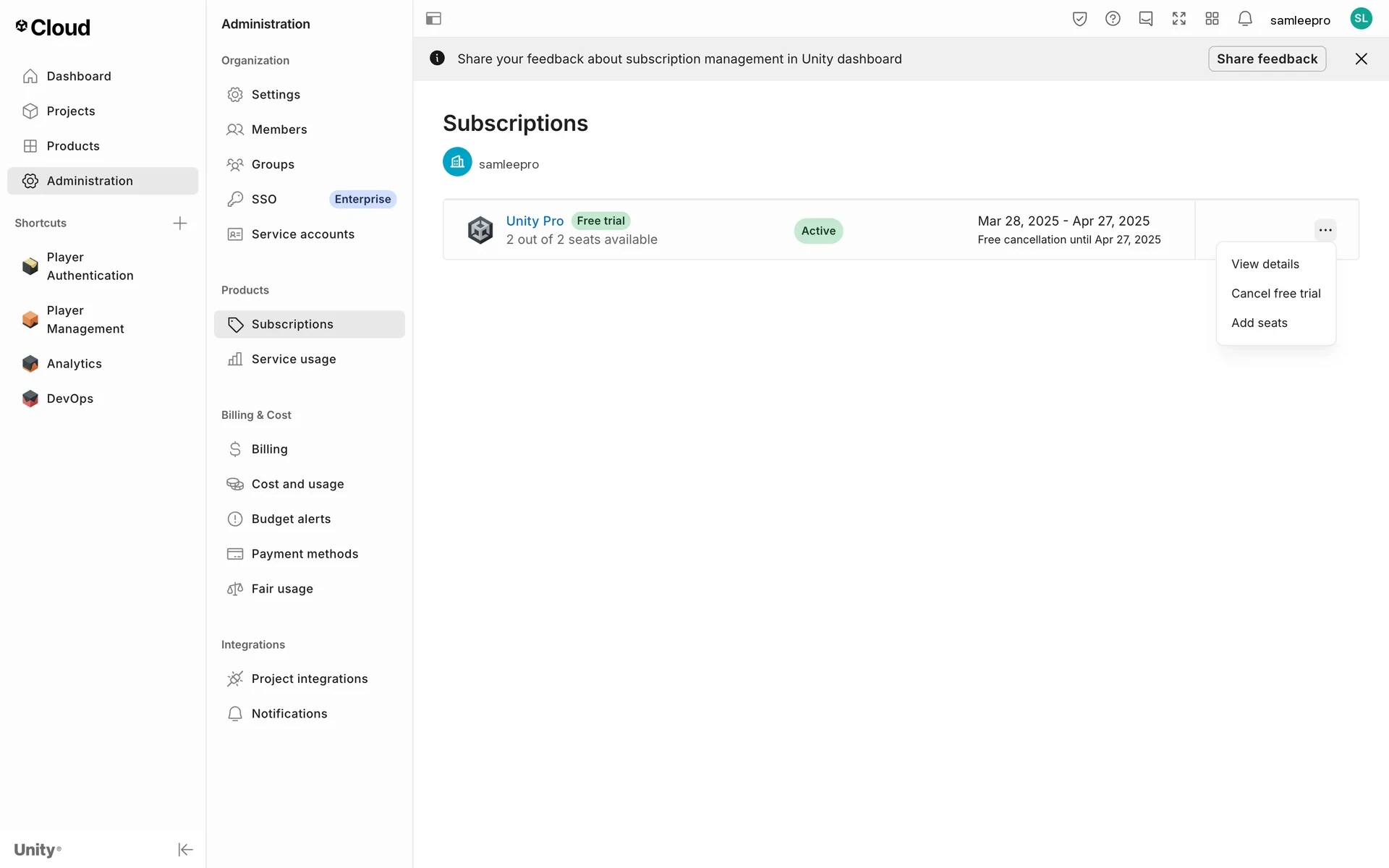 The three-dot actions menu on the Unity Pro subscription row, open to show View details, Cancel free trial, and Add seats