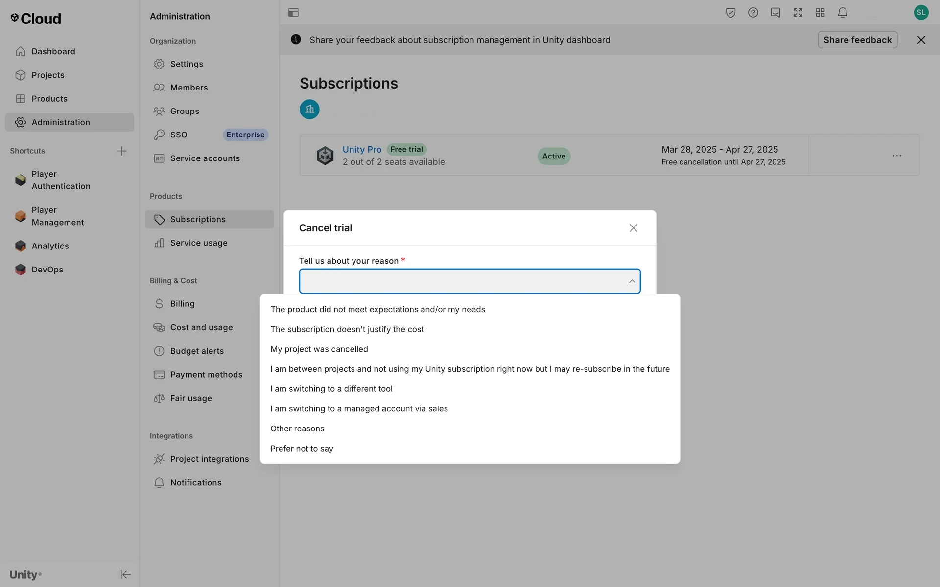 The reason dropdown expanded showing options such as "My project was cancelled" and "I am switching to a different tool"