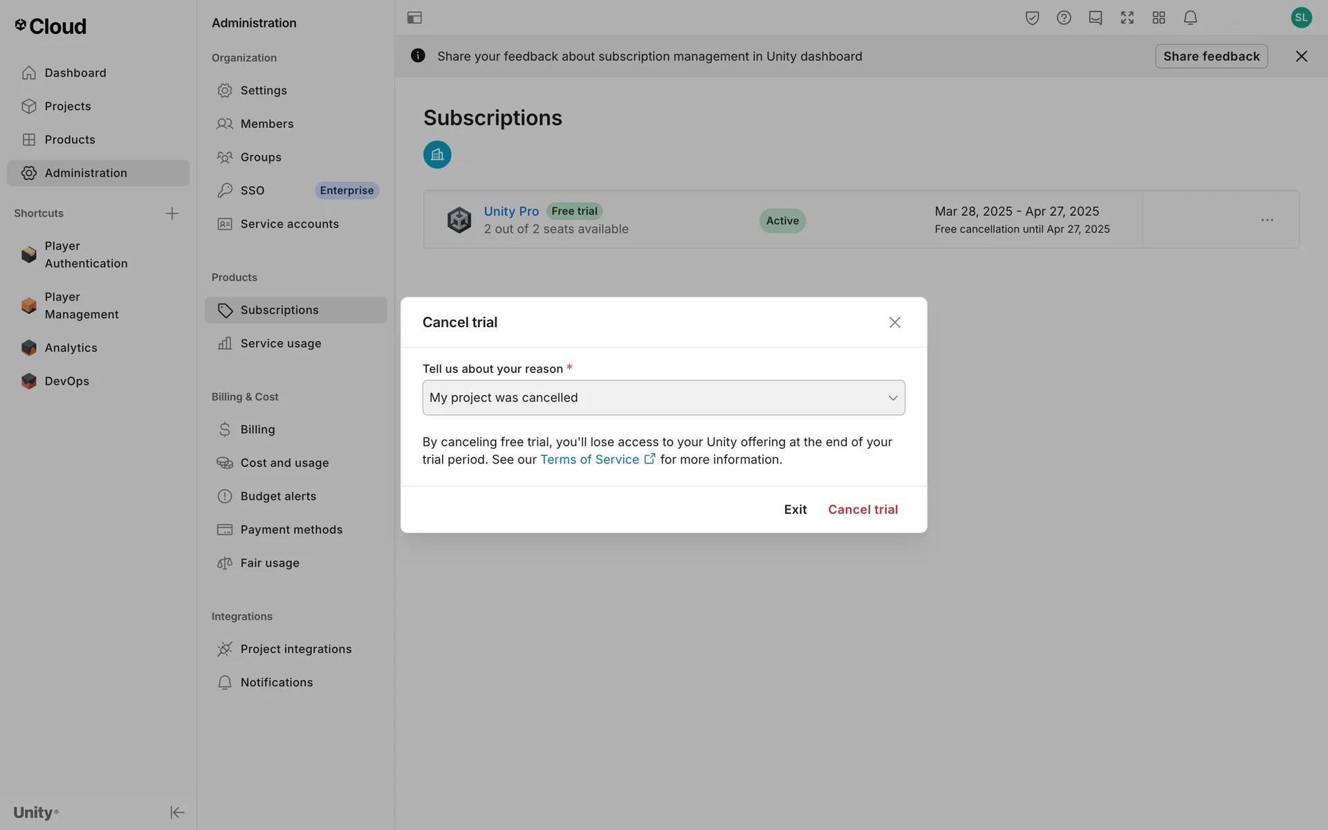 The Cancel trial dialog with "My project was cancelled" selected and the red "Cancel trial" button now active