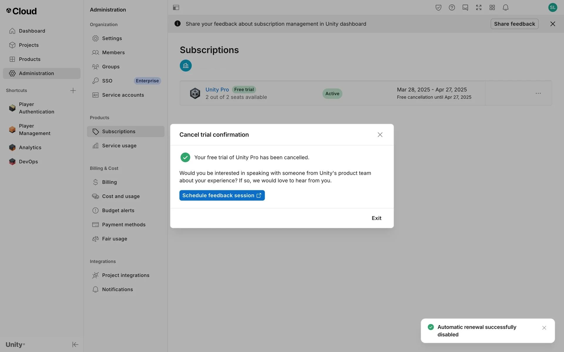 Unity "Cancel trial confirmation" showing "Your free trial of Unity Pro has been cancelled" and an "Automatic renewal successfully disabled" toast