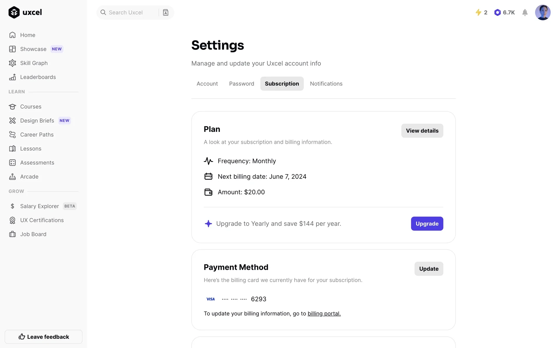 Uxcel Settings page on the Subscription tab showing the Plan card with Frequency: Monthly, a next billing date, the amount charged, an Upgrade to Yearly prompt, and the Payment Method card below