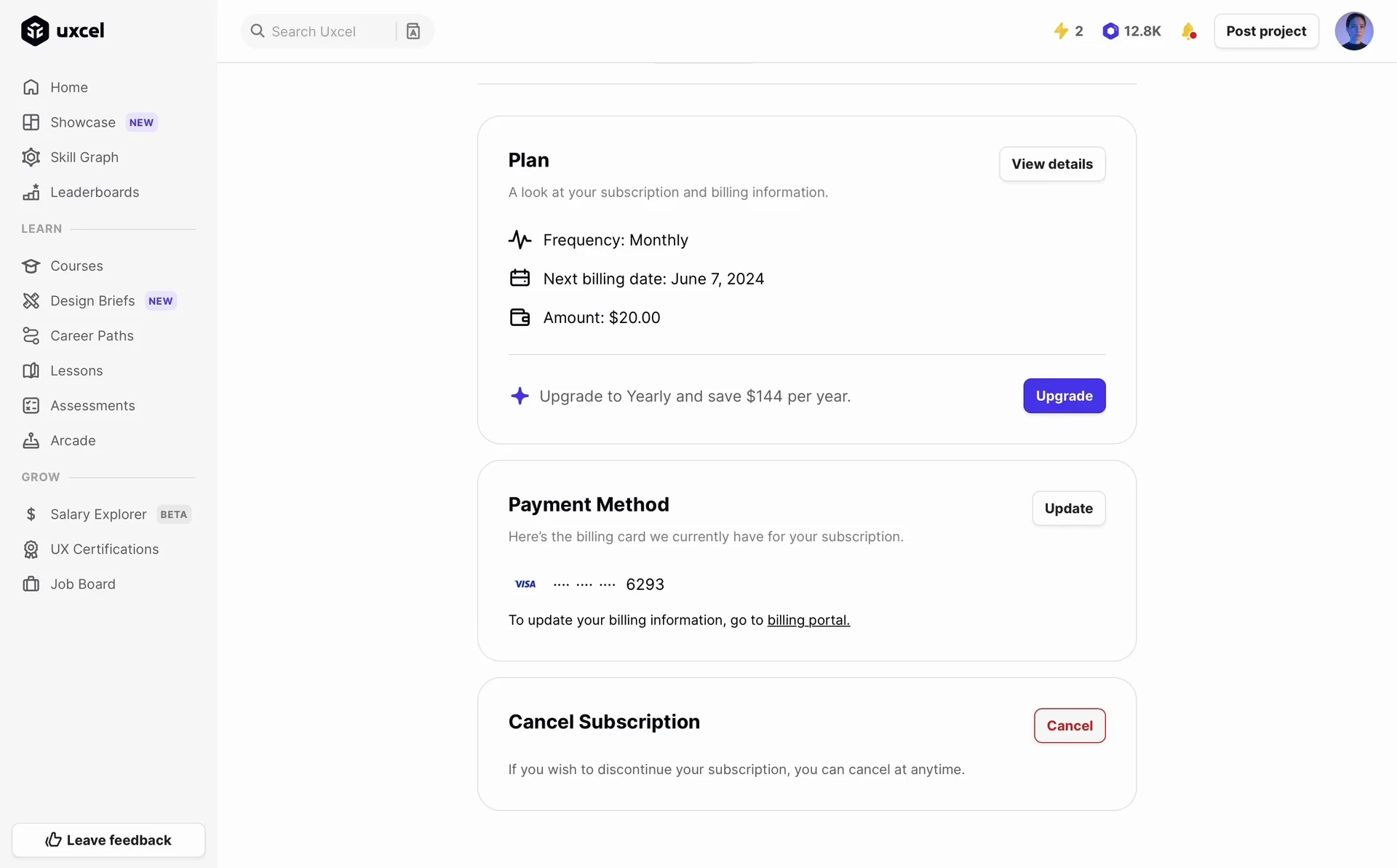 Uxcel Subscription tab scrolled to the bottom showing the Cancel Subscription card with the text "If you wish to discontinue your subscription, you can cancel at anytime" and a red Cancel button