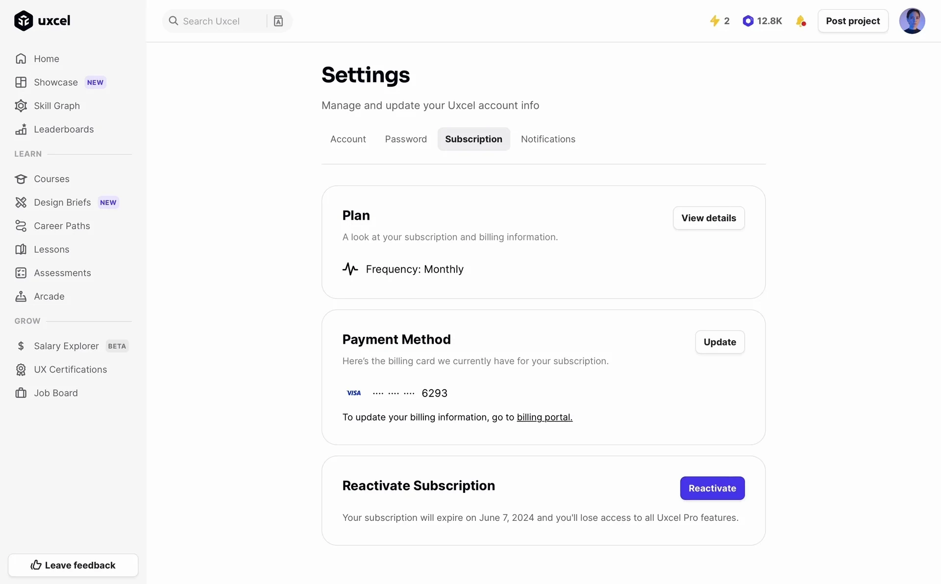 Uxcel Subscription tab after cancellation showing a Reactivate Subscription card with a Reactivate button and the message "Your subscription will expire on [date] and you'll lose access to all Uxcel Pro features"