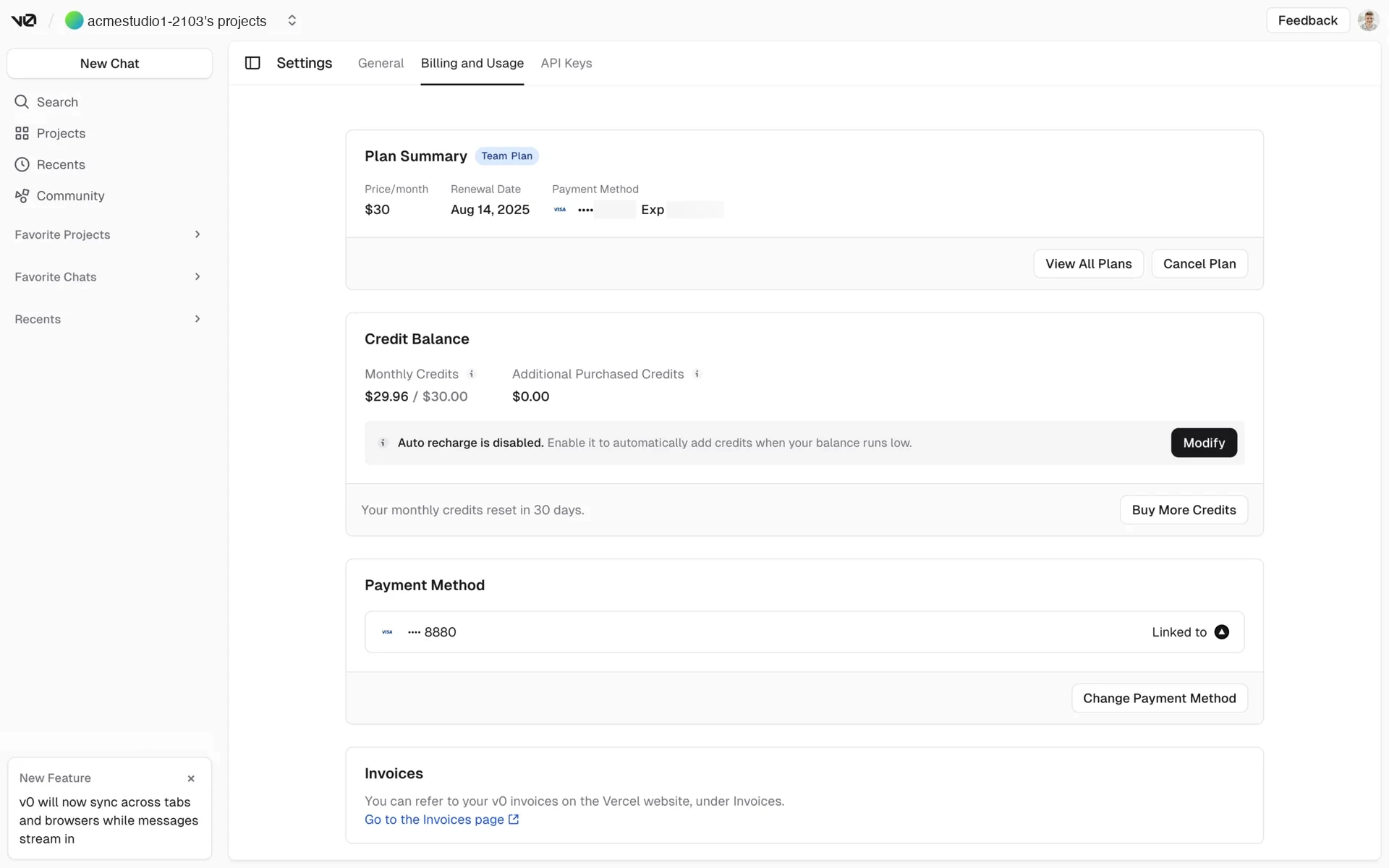 v0 Settings on the Billing and Usage tab showing the Plan Summary card with a Team Plan badge, $30 price/month, an Aug 14 2025 renewal date, and View All Plans and Cancel Plan buttons