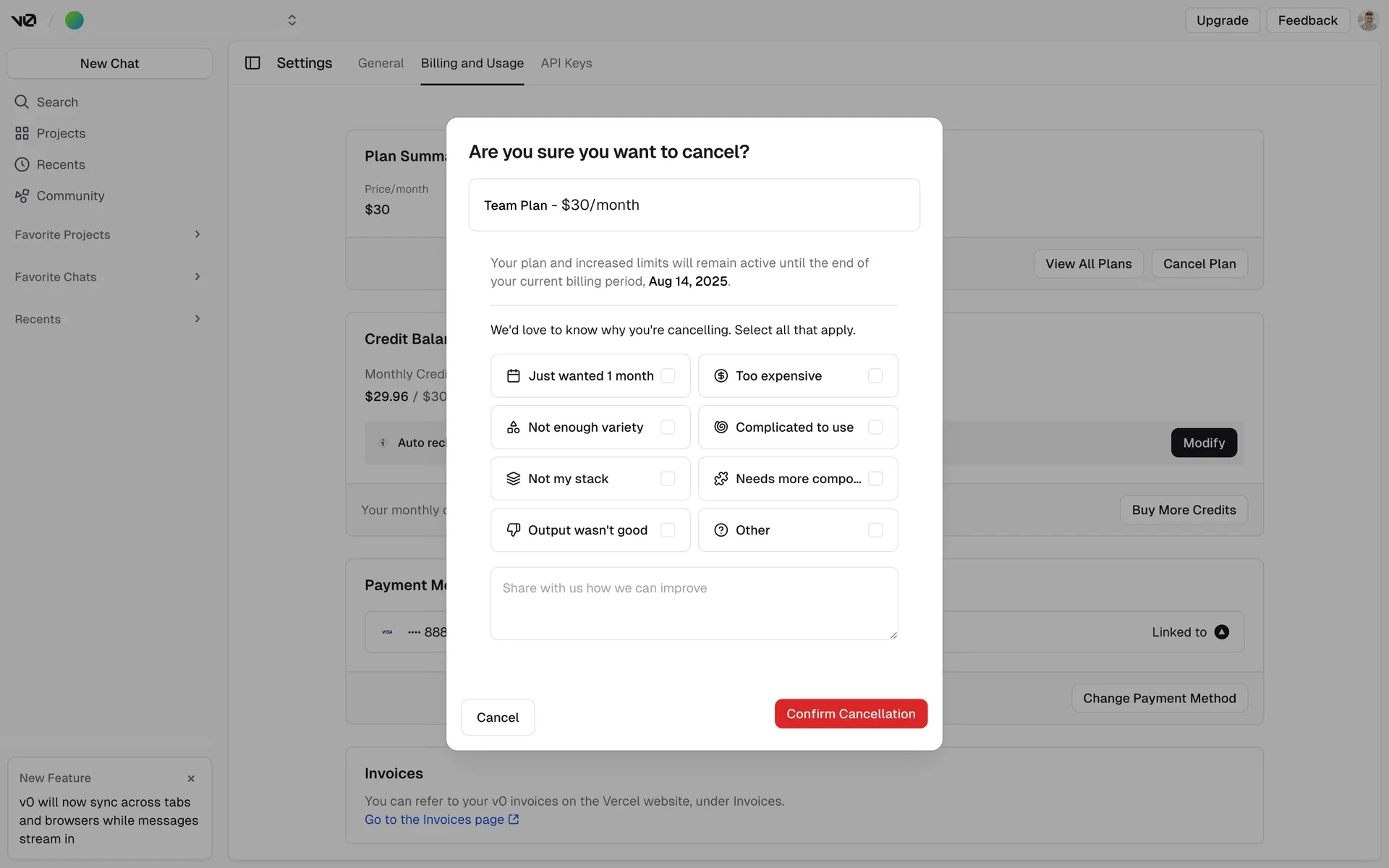 v0 cancellation dialog titled "Are you sure you want to cancel?" showing the Team Plan at $30/month, a note that the plan stays active until the end of the billing period on Aug 14 2025, and a grid of cancellation-reason checkboxes