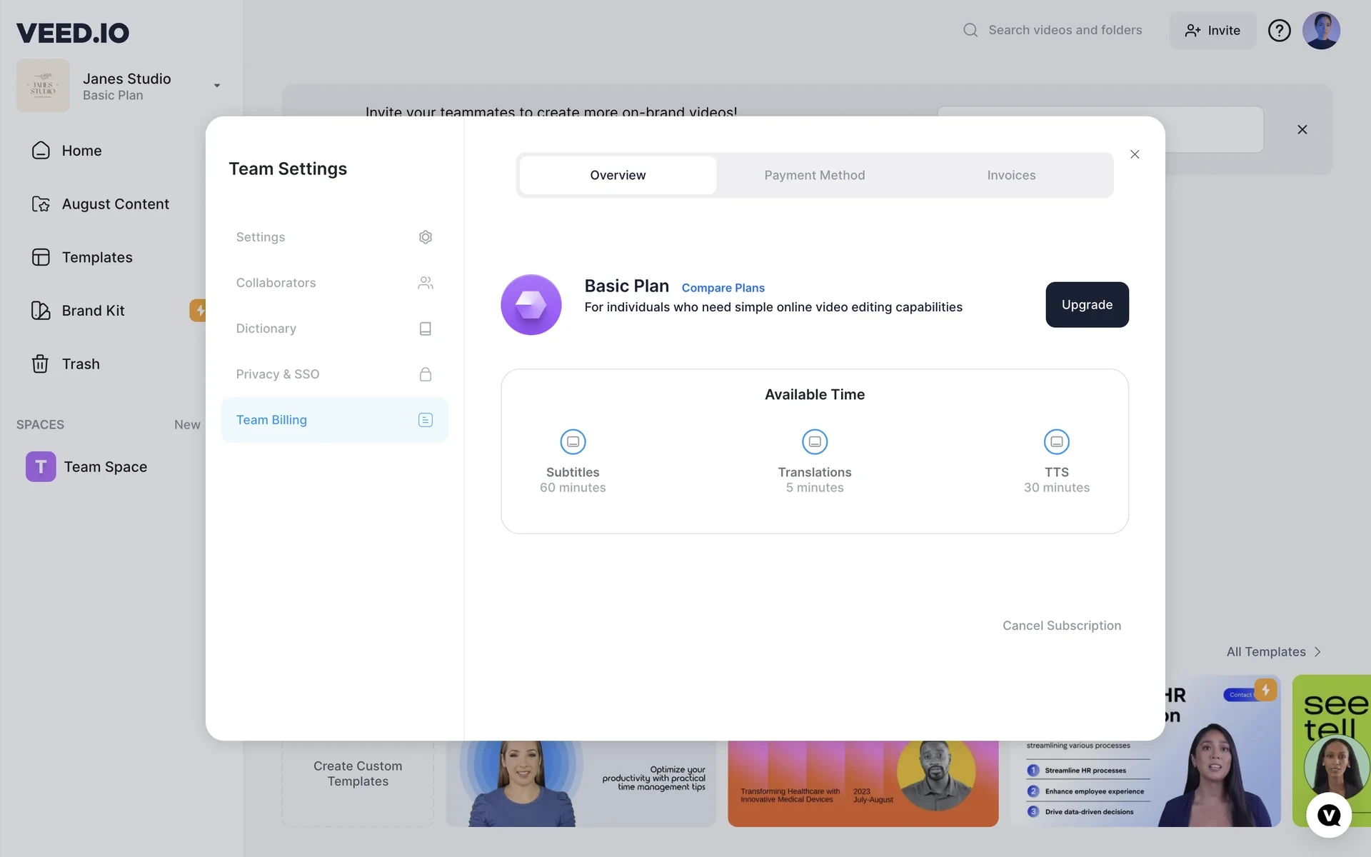 VEED Team Settings modal on Team Billing Overview showing a Basic Plan card, Available Time usage minutes, and a Cancel Subscription text link at the bottom right