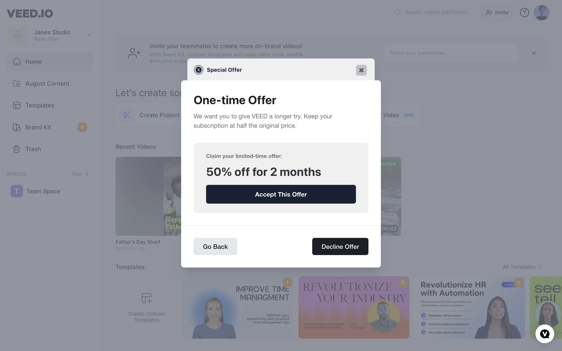 VEED Special Offer modal titled One-time Offer promising 50% off for 2 months, with Accept This Offer, Go Back, and Decline Offer buttons