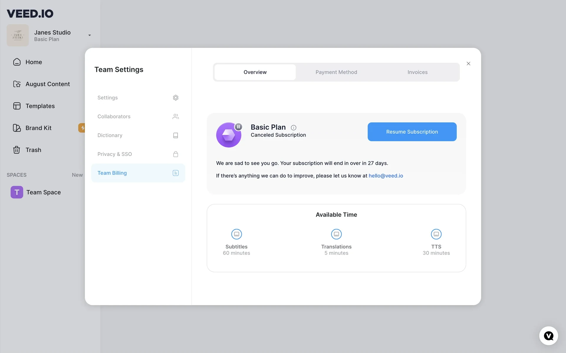 VEED Team Billing Overview after cancel showing Basic Plan with Canceled Subscription status, a blue Resume Subscription button, and a note that the subscription will end in over 27 days